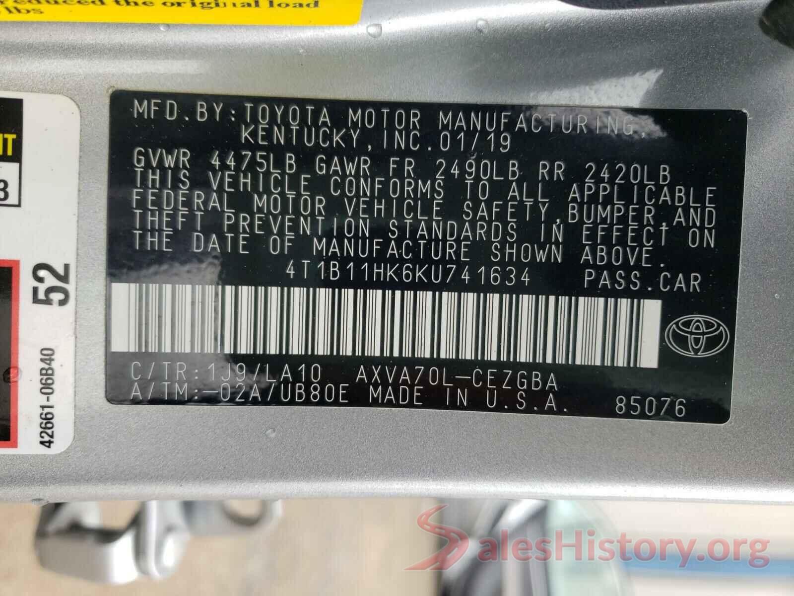 4T1B11HK6KU741634 2019 TOYOTA CAMRY