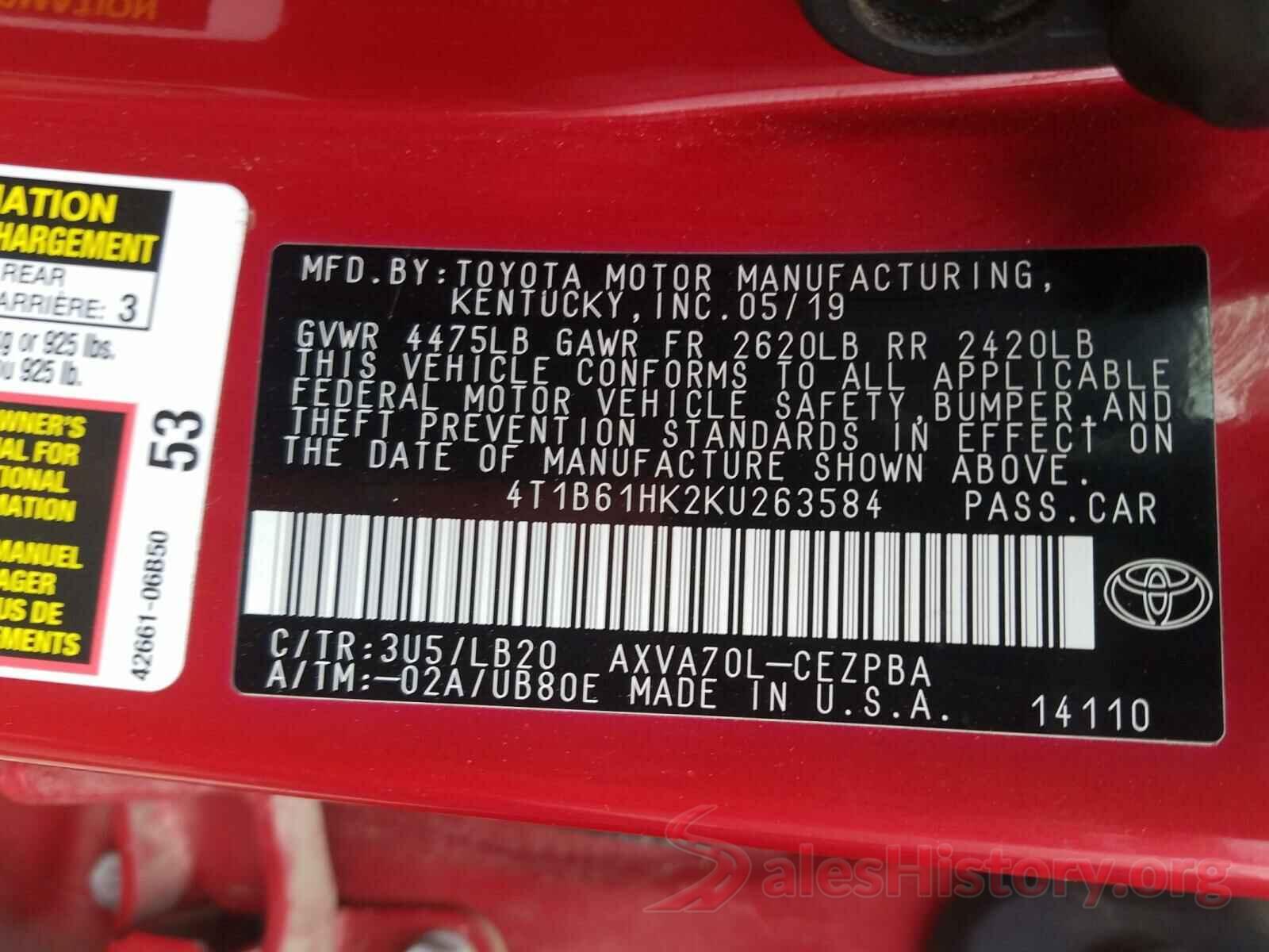 4T1B61HK2KU263584 2019 TOYOTA CAMRY