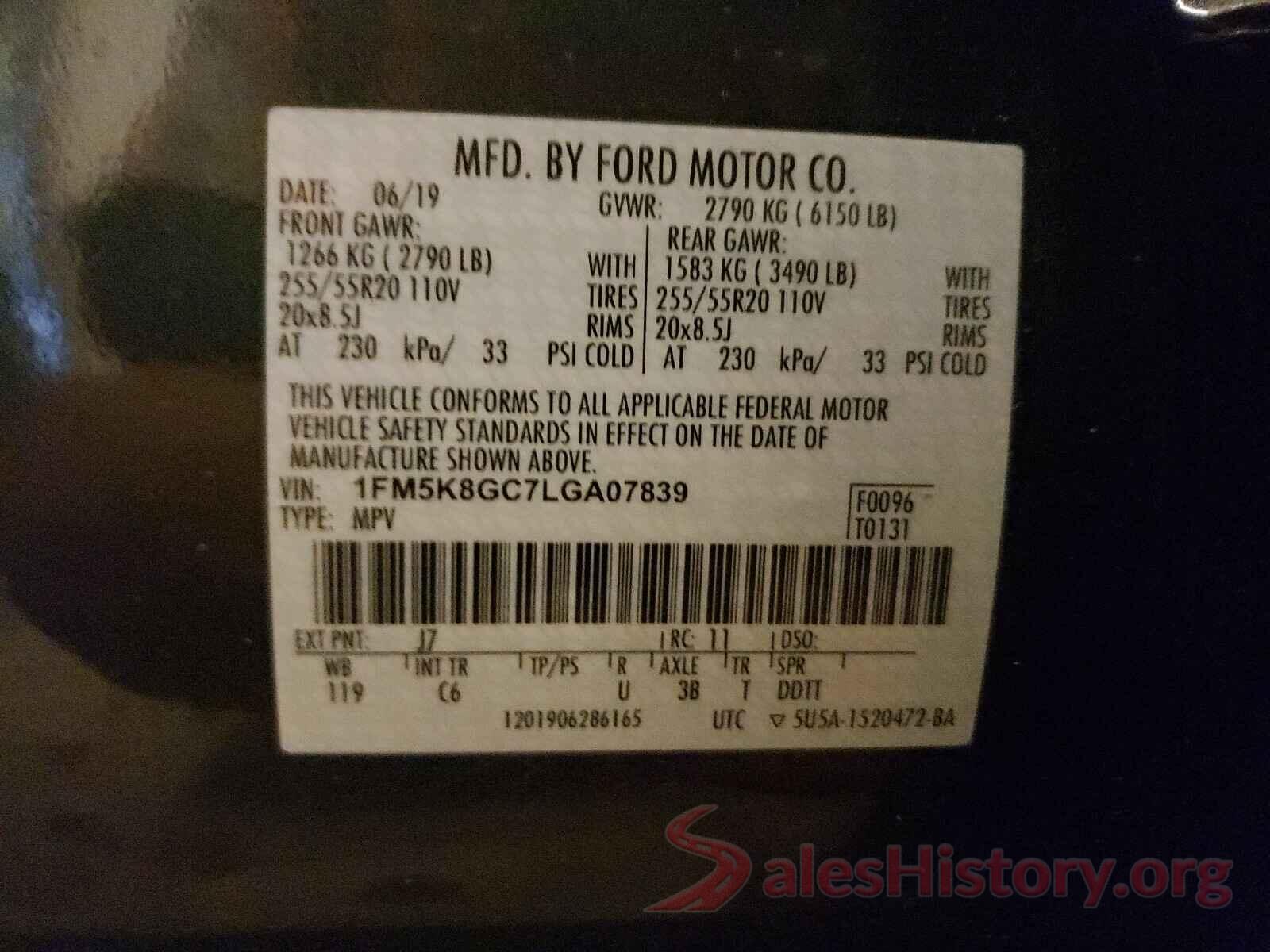 1FM5K8GC7LGA07839 2020 FORD EXPLORER