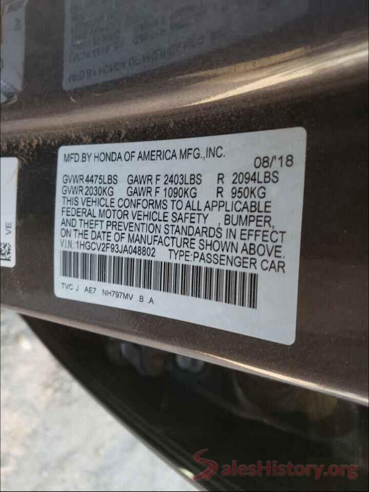 1HGCV2F93JA048802 2018 HONDA ACCORD