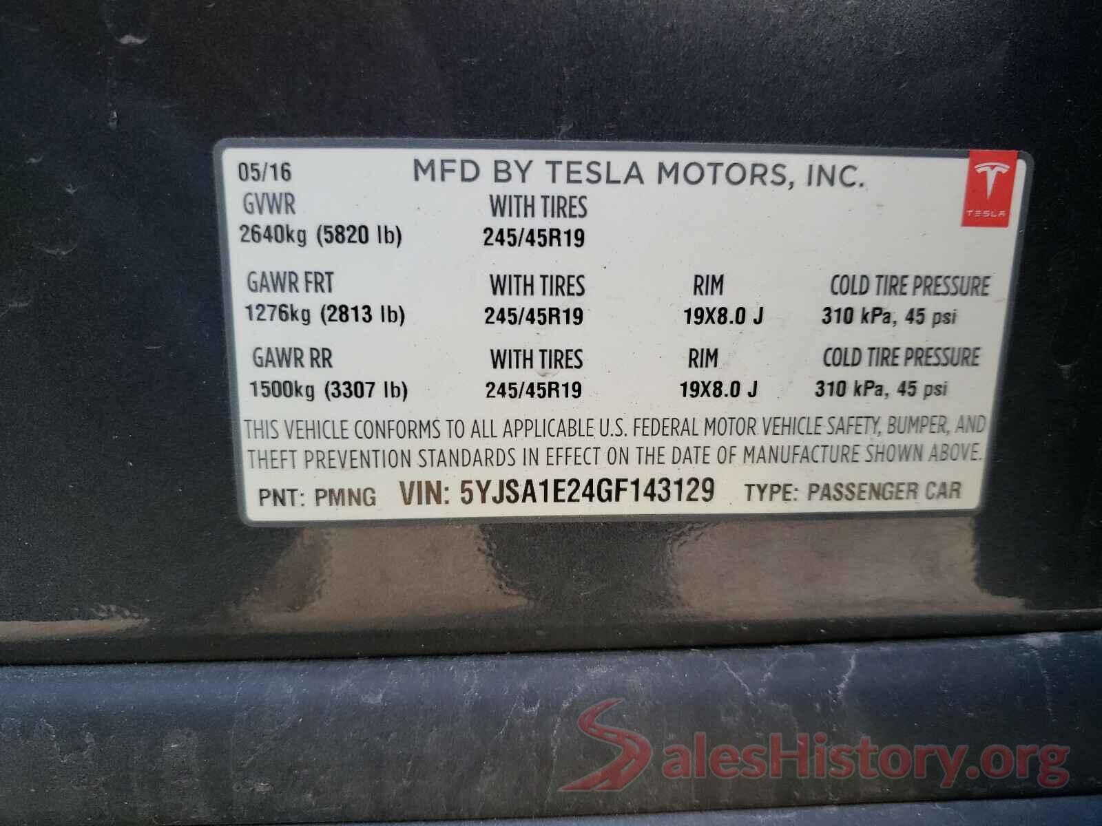 5YJSA1E24GF143129 2016 TESLA MODEL S