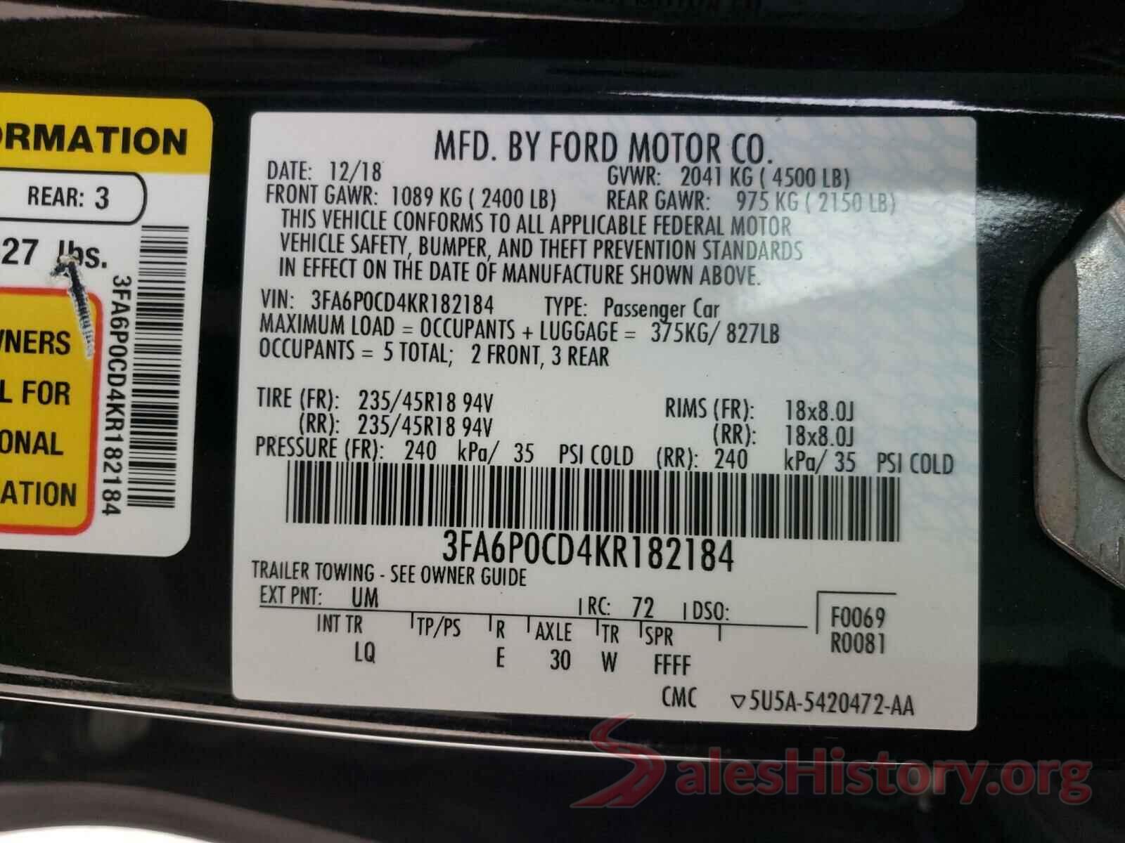 3FA6P0CD4KR182184 2019 FORD FUSION