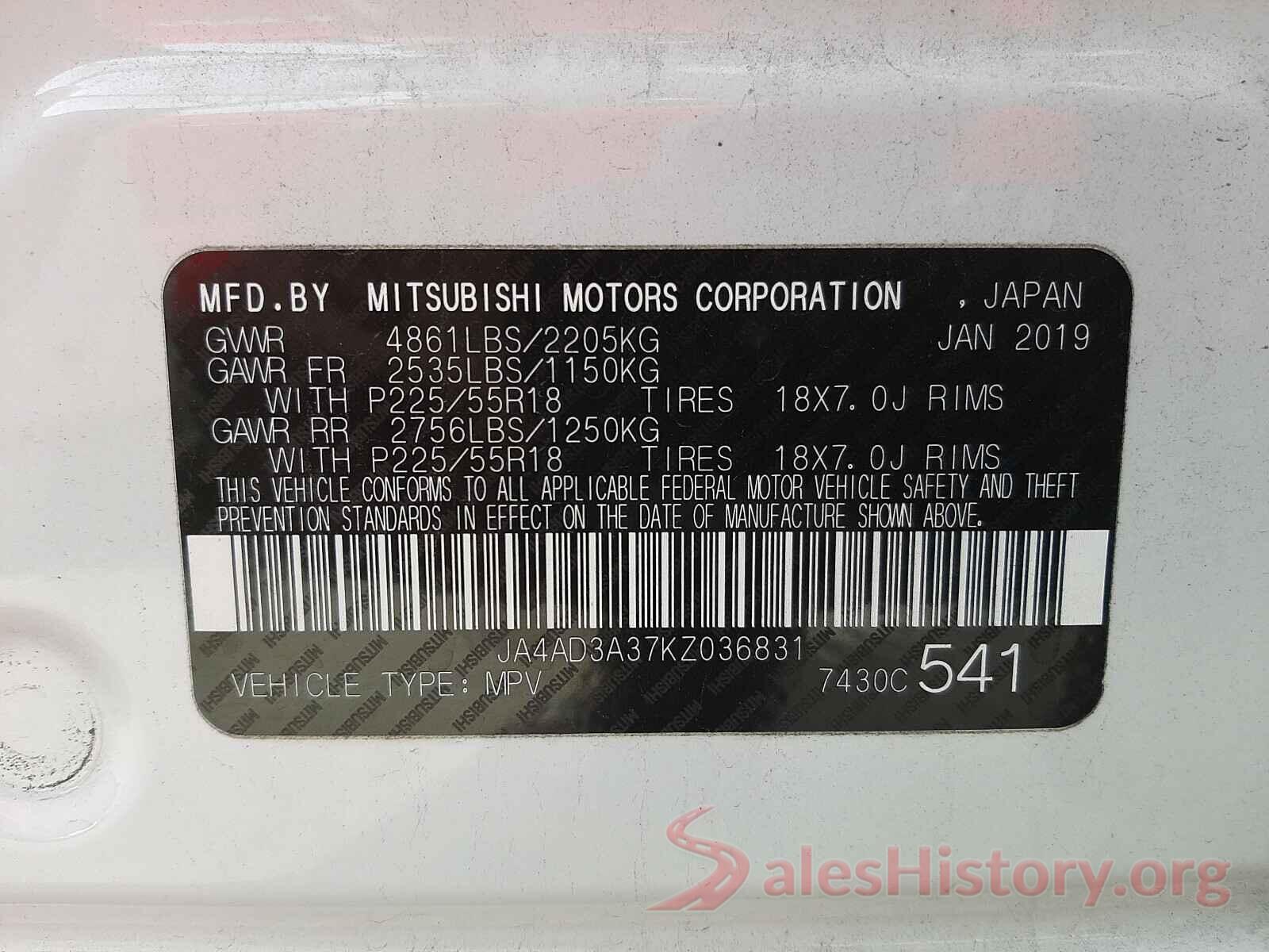 JA4AD3A37KZ036831 2019 MITSUBISHI OUTLANDER