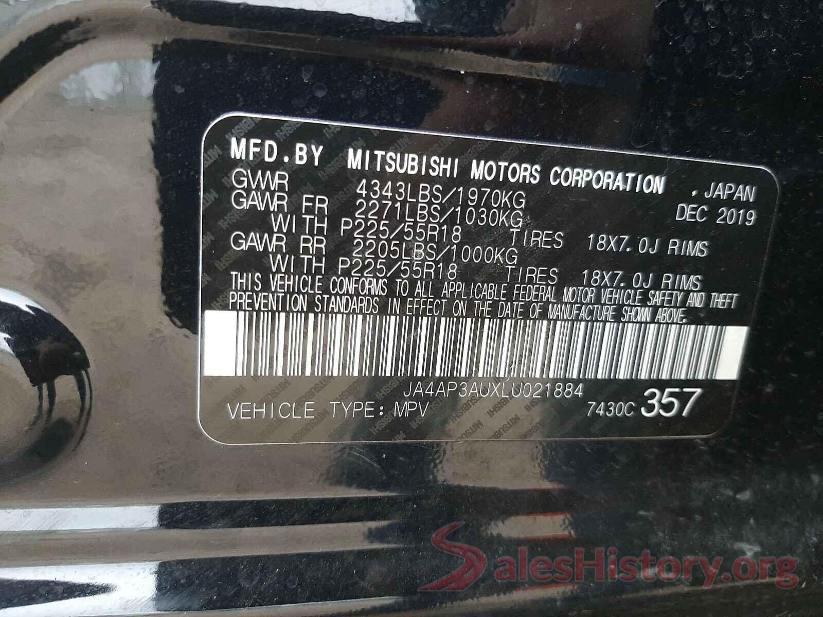 JA4AP3AUXLU021884 2020 MITSUBISHI OUTLANDER