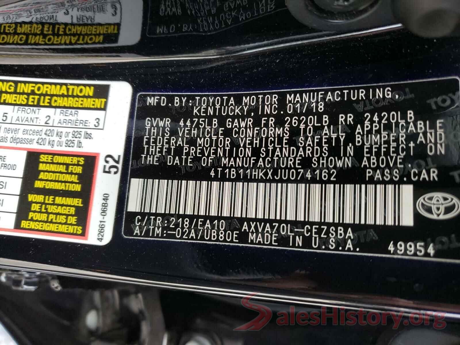 4T1B11HKXJU074162 2018 TOYOTA CAMRY