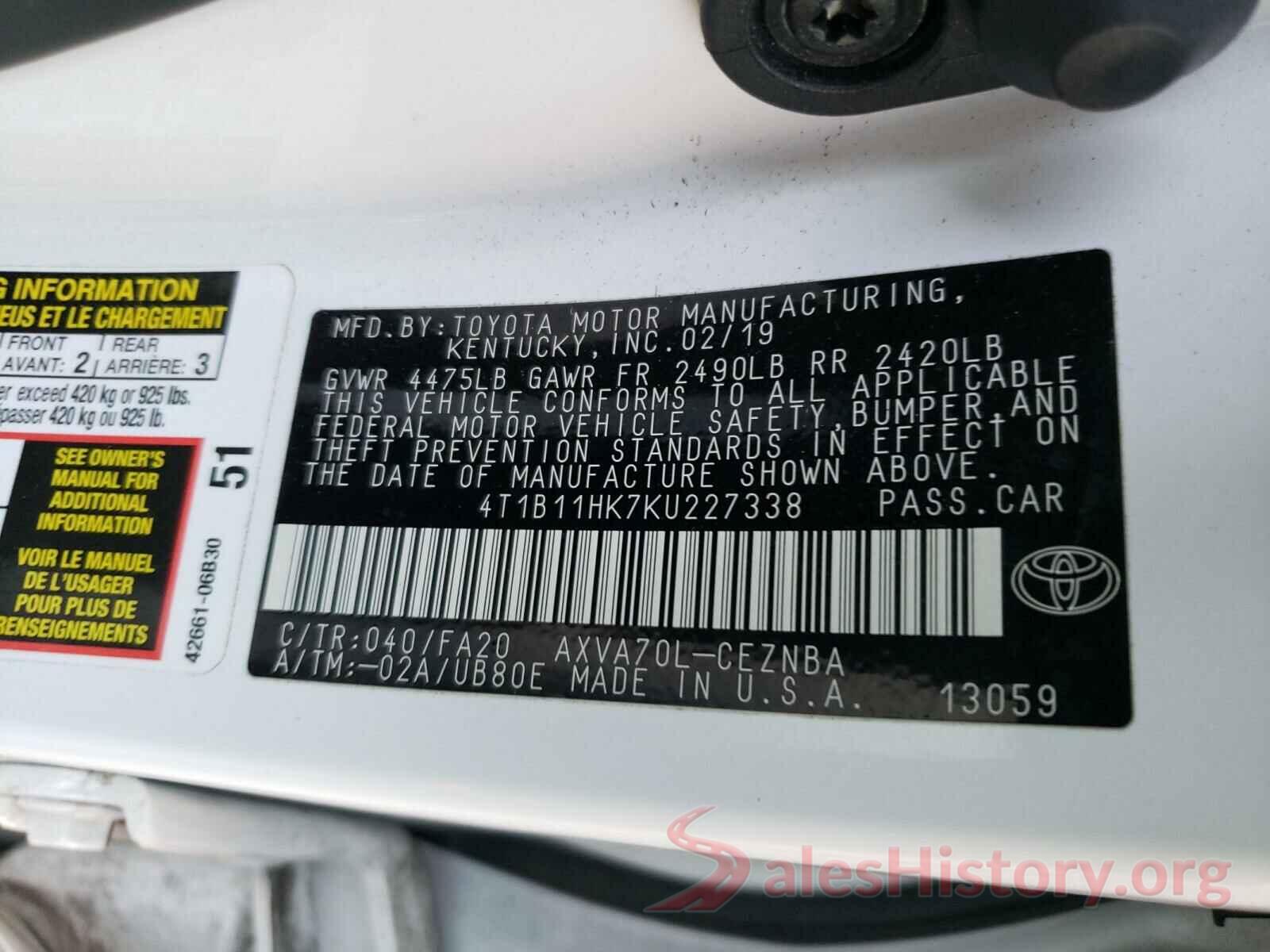 4T1B11HK7KU227338 2019 TOYOTA CAMRY