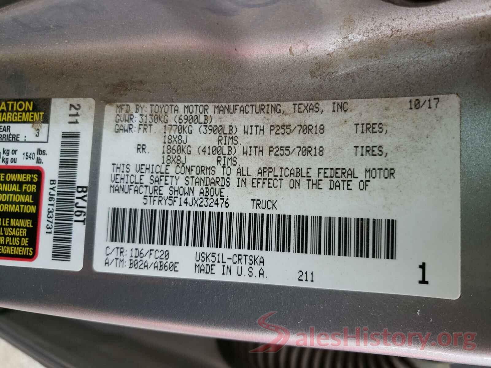 5TFRY5F14JX232476 2018 TOYOTA TUNDRA