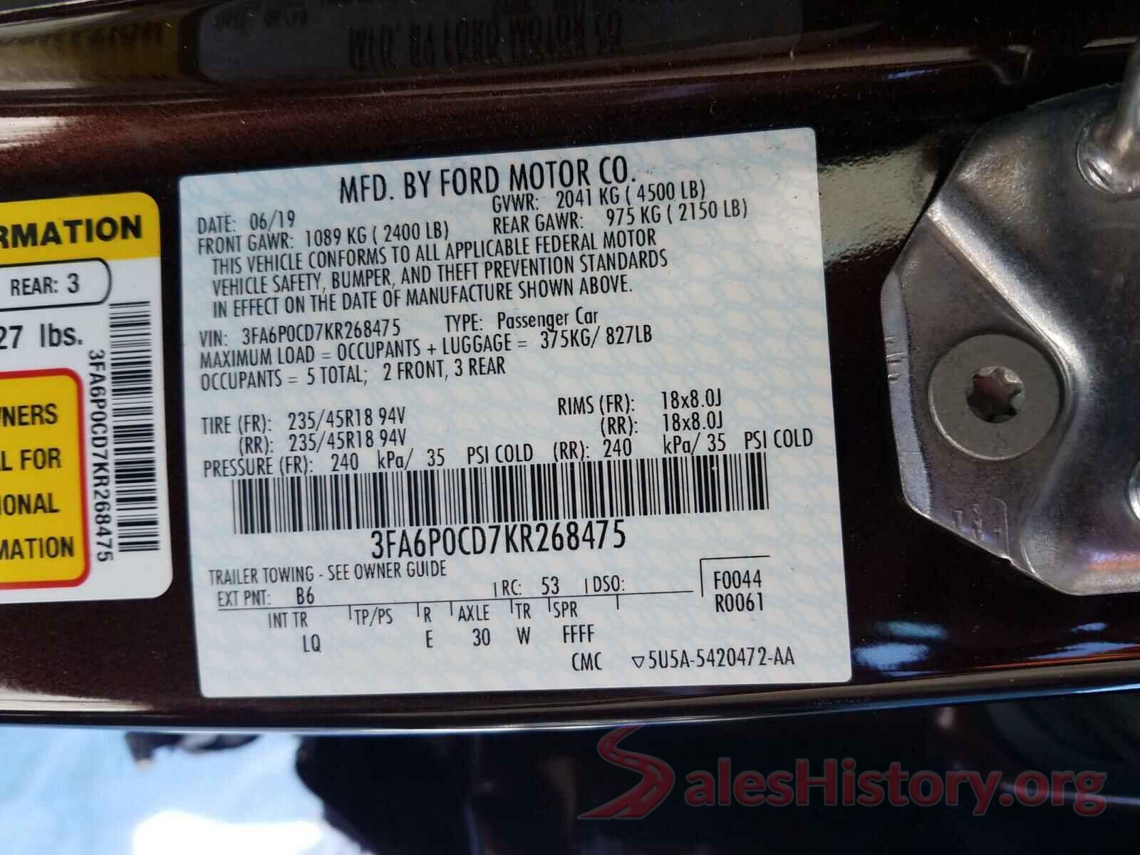 3FA6P0CD7KR268475 2019 FORD FUSION