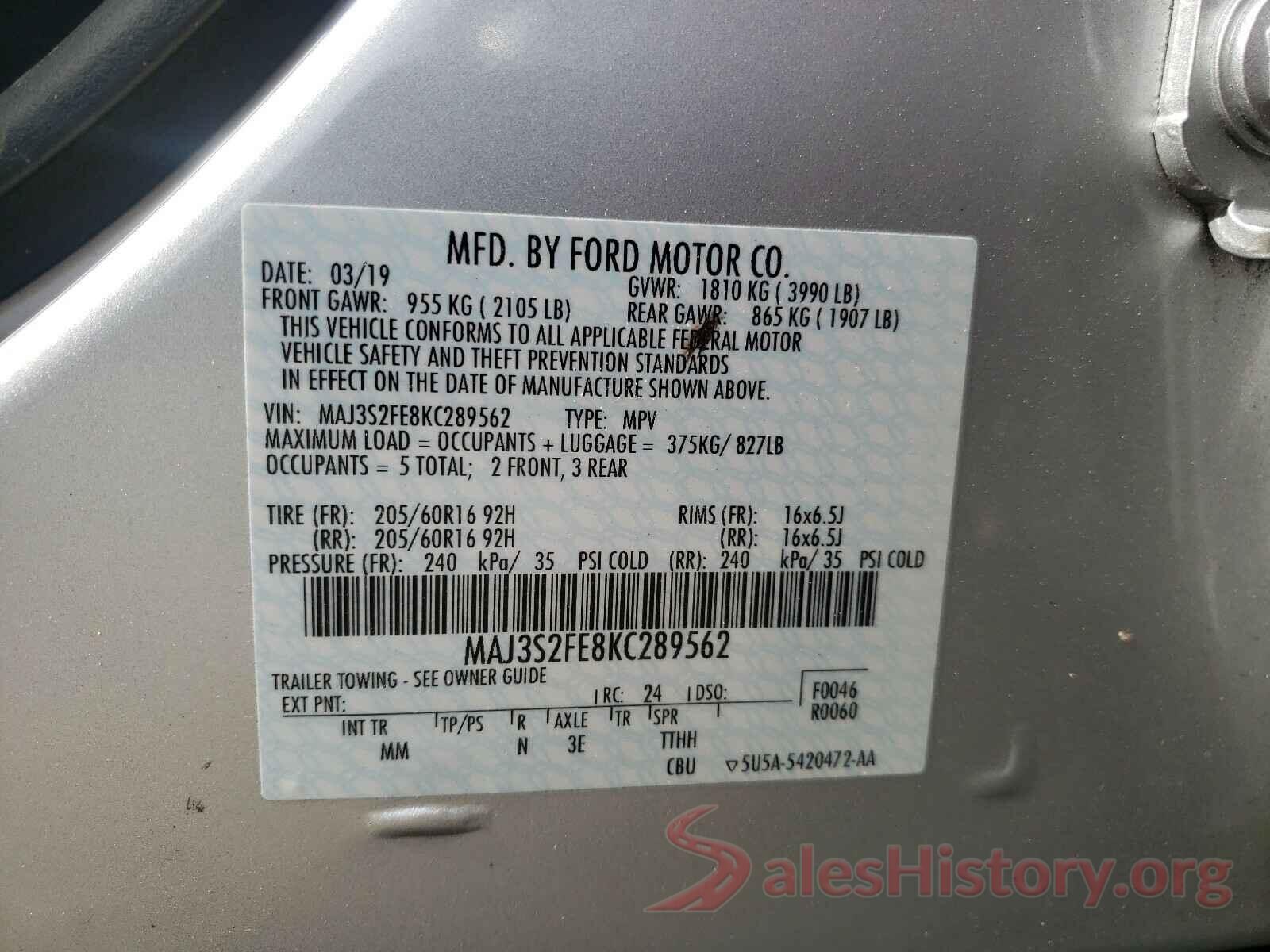 MAJ3S2FE8KC289562 2019 FORD ALL OTHER