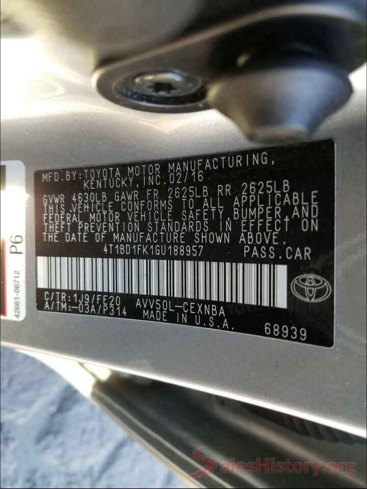 4T1BD1FK1GU188957 2016 TOYOTA CAMRY