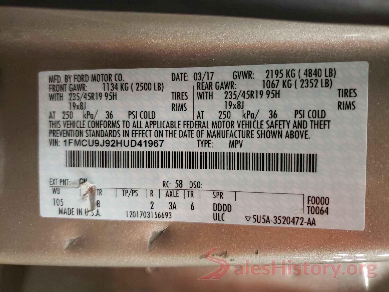 1FMCU9J92HUD41967 2017 FORD ESCAPE