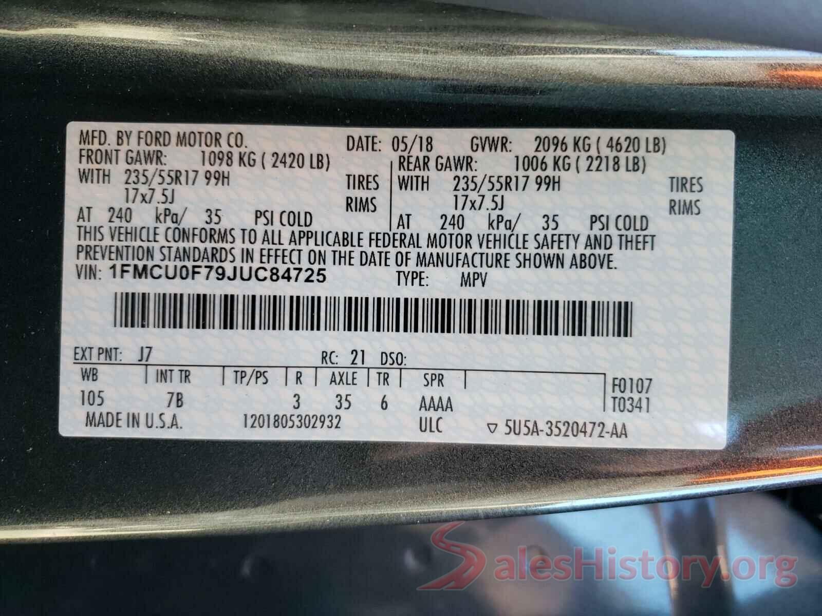 1FMCU0F79JUC84725 2018 FORD ESCAPE