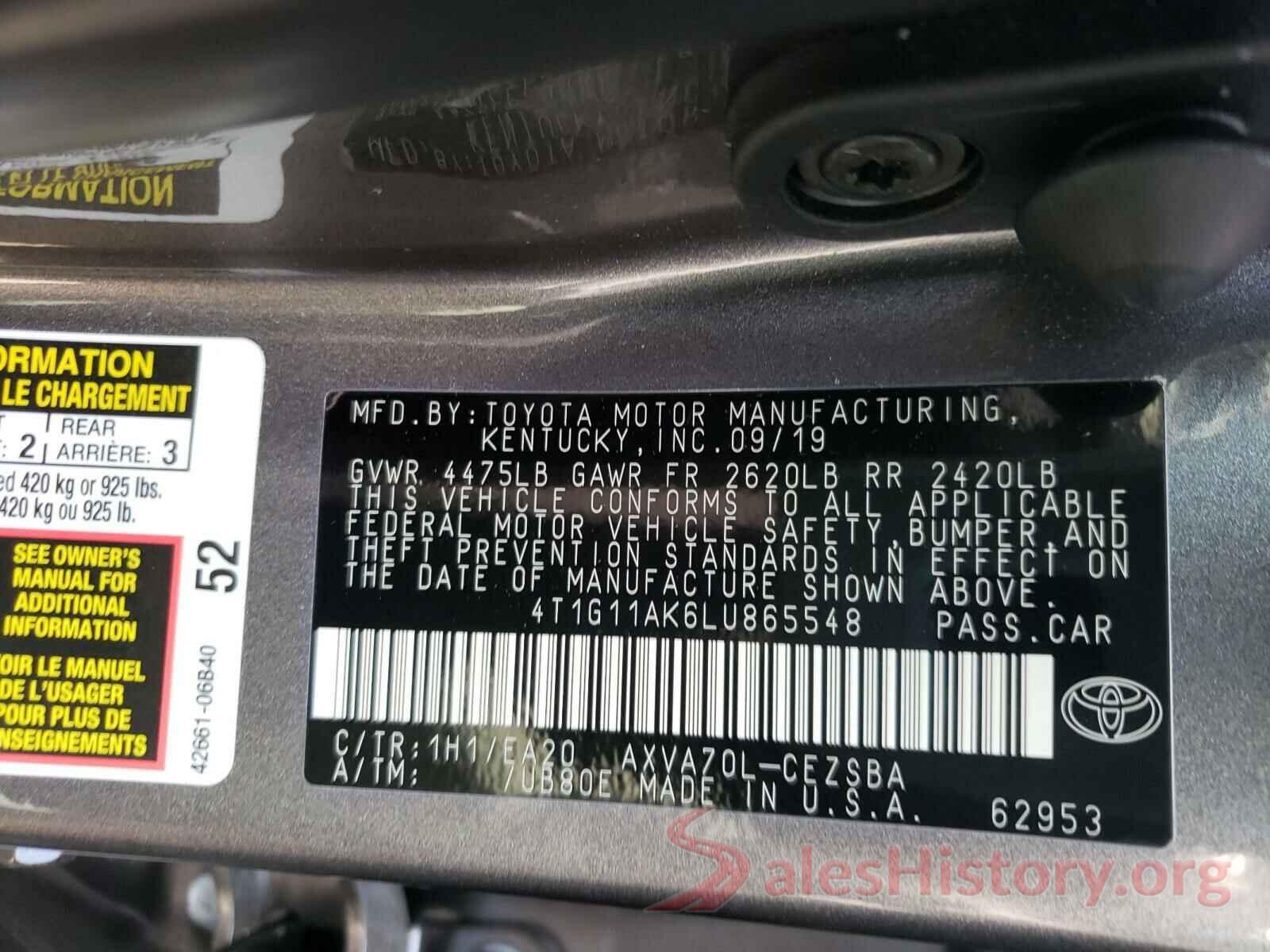 4T1G11AK6LU865548 2020 TOYOTA CAMRY