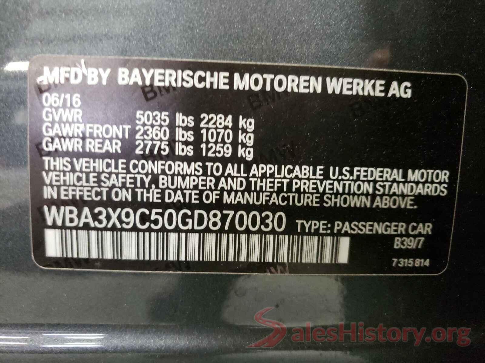 WBA3X9C50GD870030 2016 BMW 3 SERIES