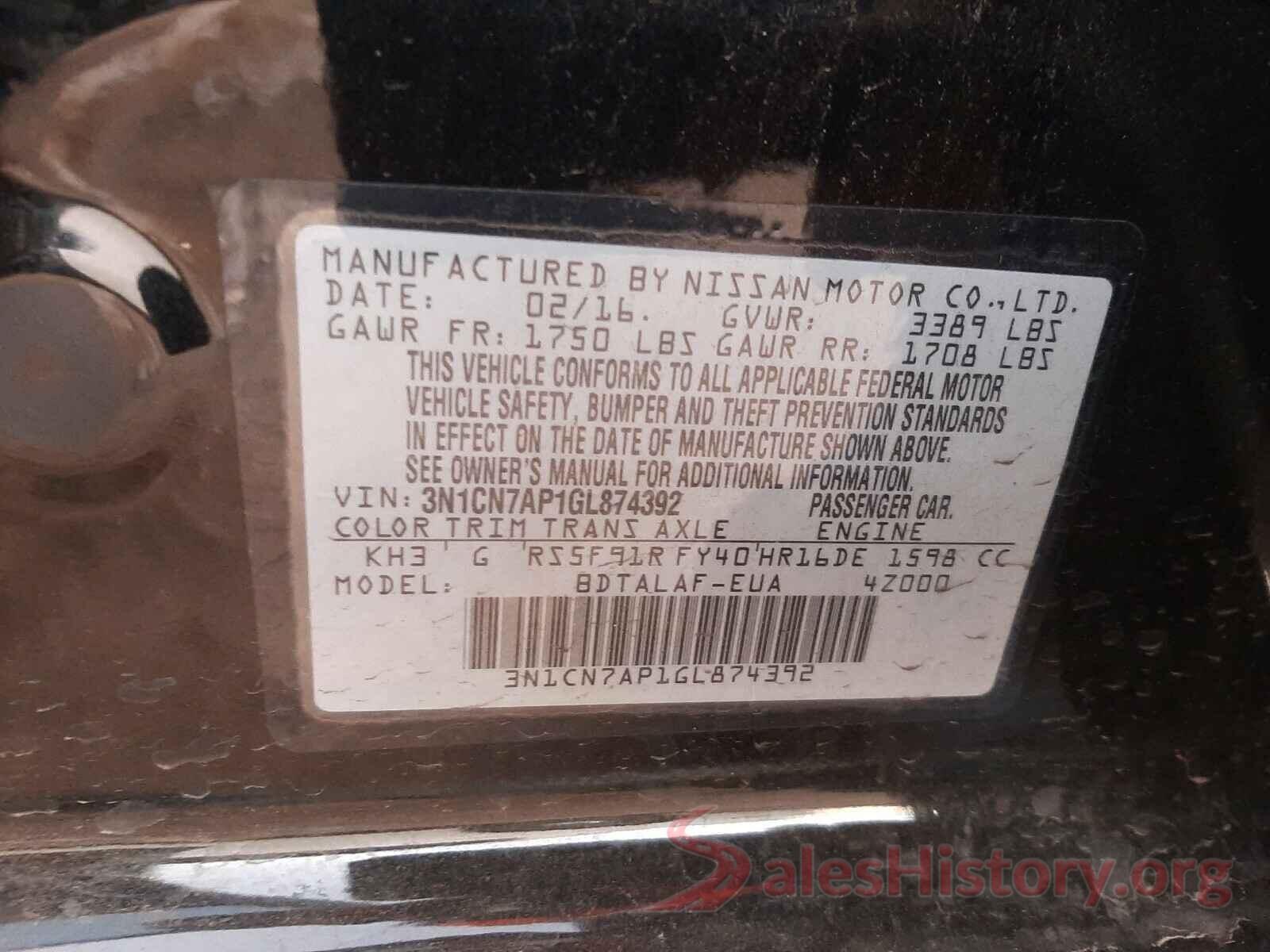 3N1CN7AP1GL874392 2016 NISSAN VERSA