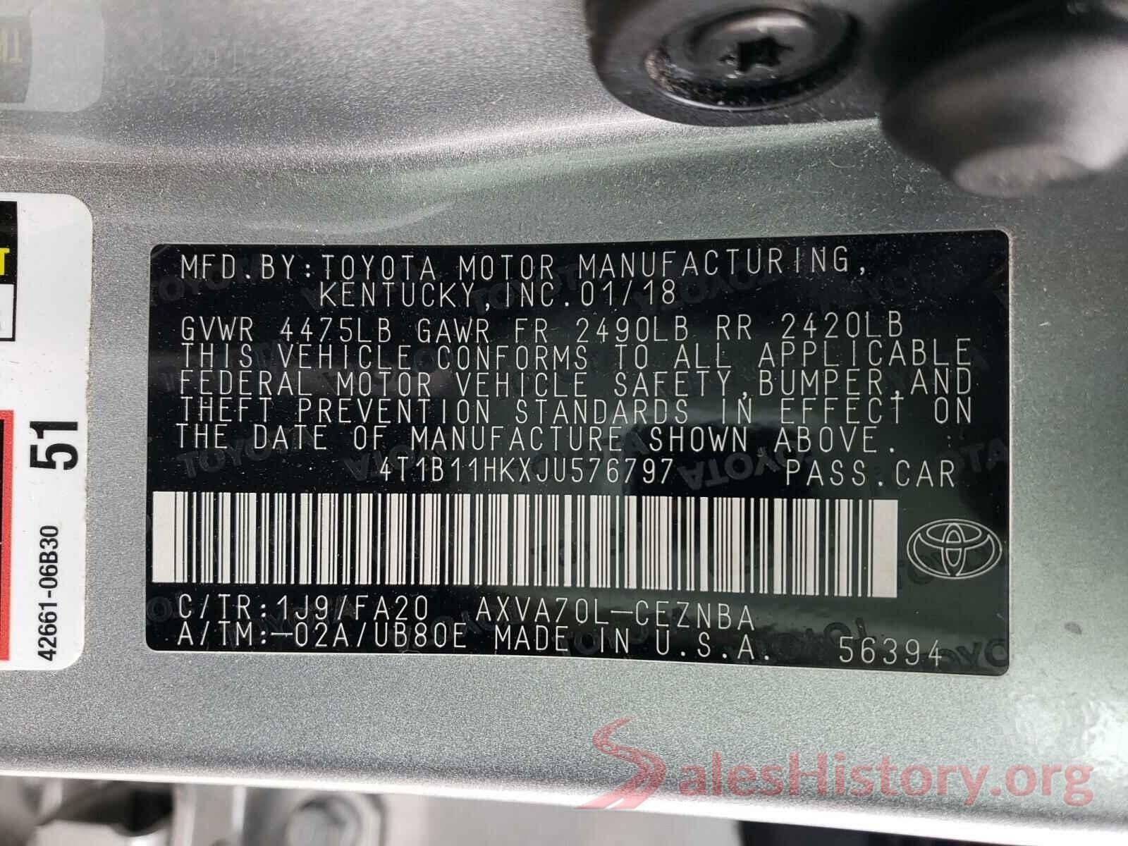 4T1B11HKXJU576797 2018 TOYOTA CAMRY