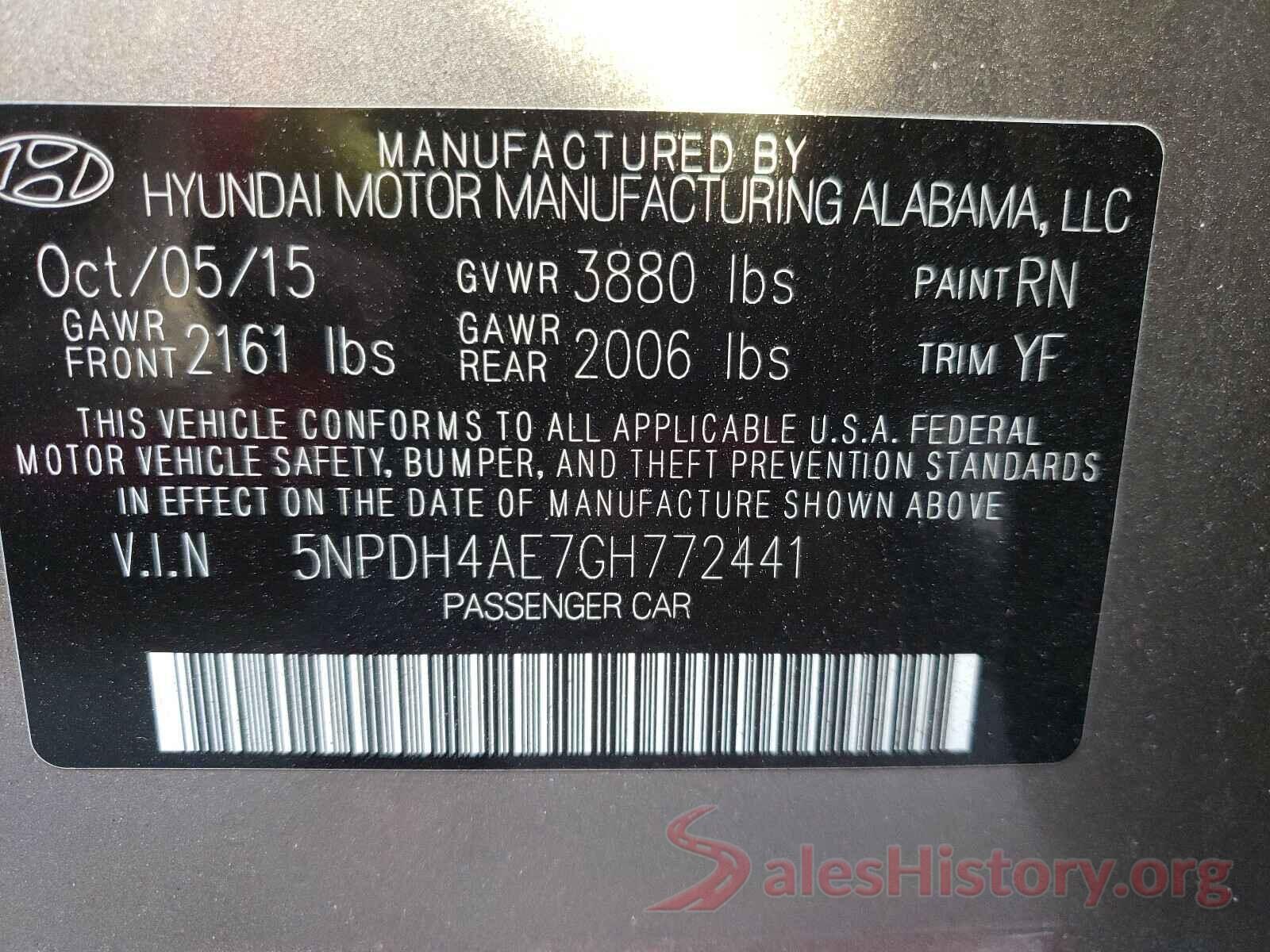 5NPDH4AE7GH772441 2016 HYUNDAI ELANTRA