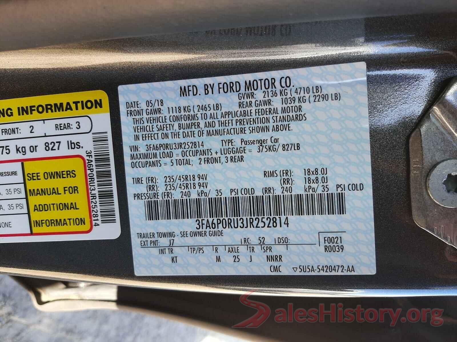 3FA6P0RU3JR252814 2018 FORD FUSION