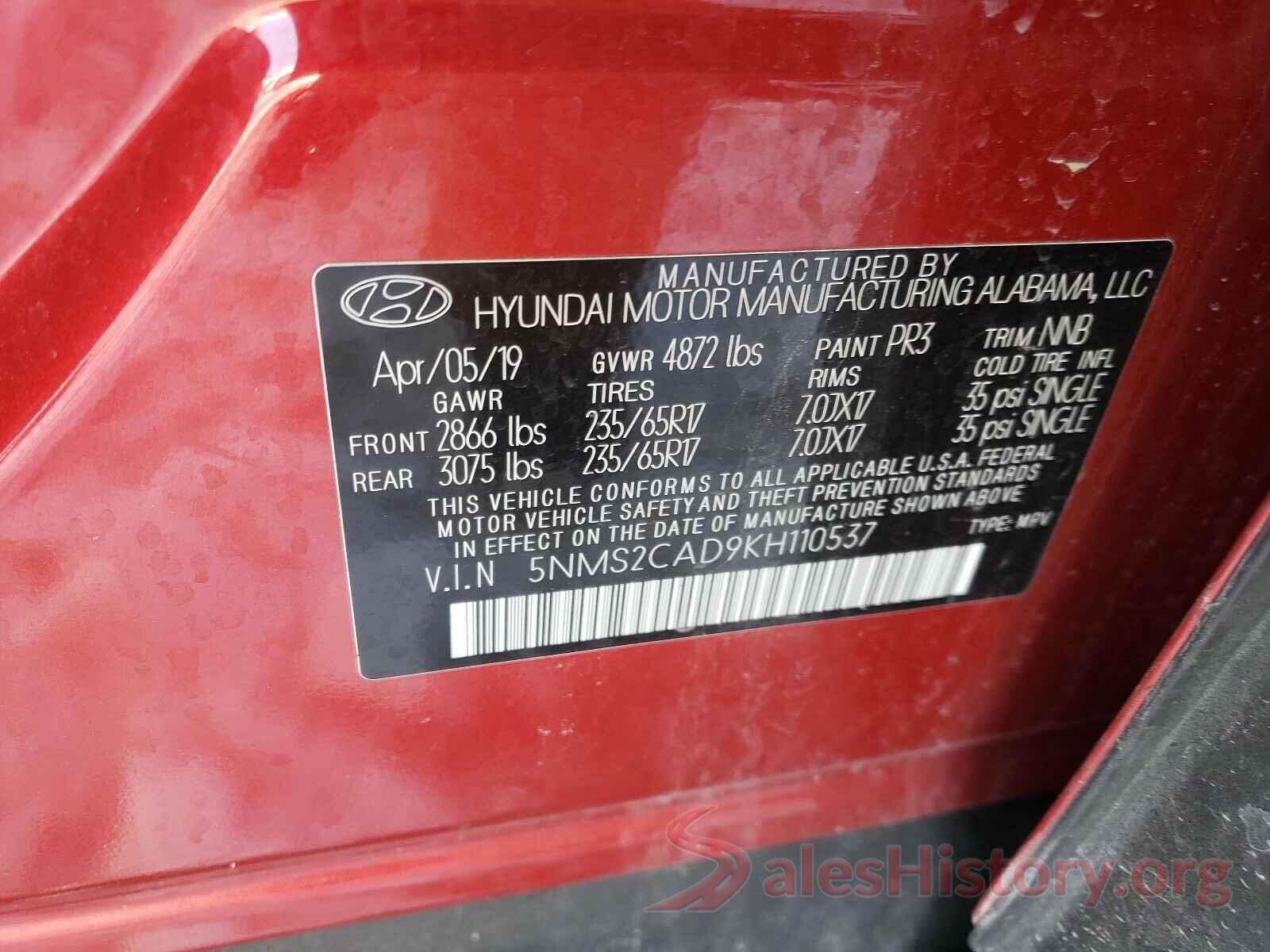 5NMS2CAD9KH110537 2019 HYUNDAI SANTA FE