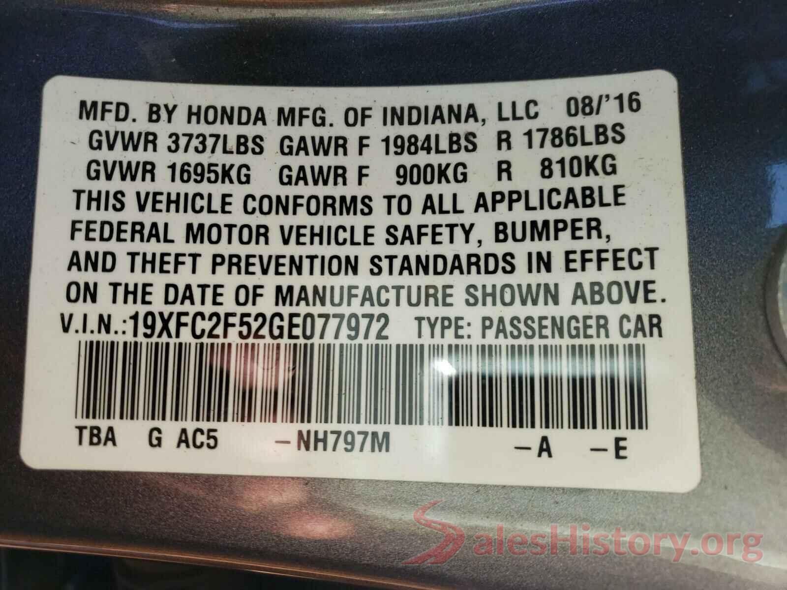 19XFC2F52GE077972 2016 HONDA CIVIC