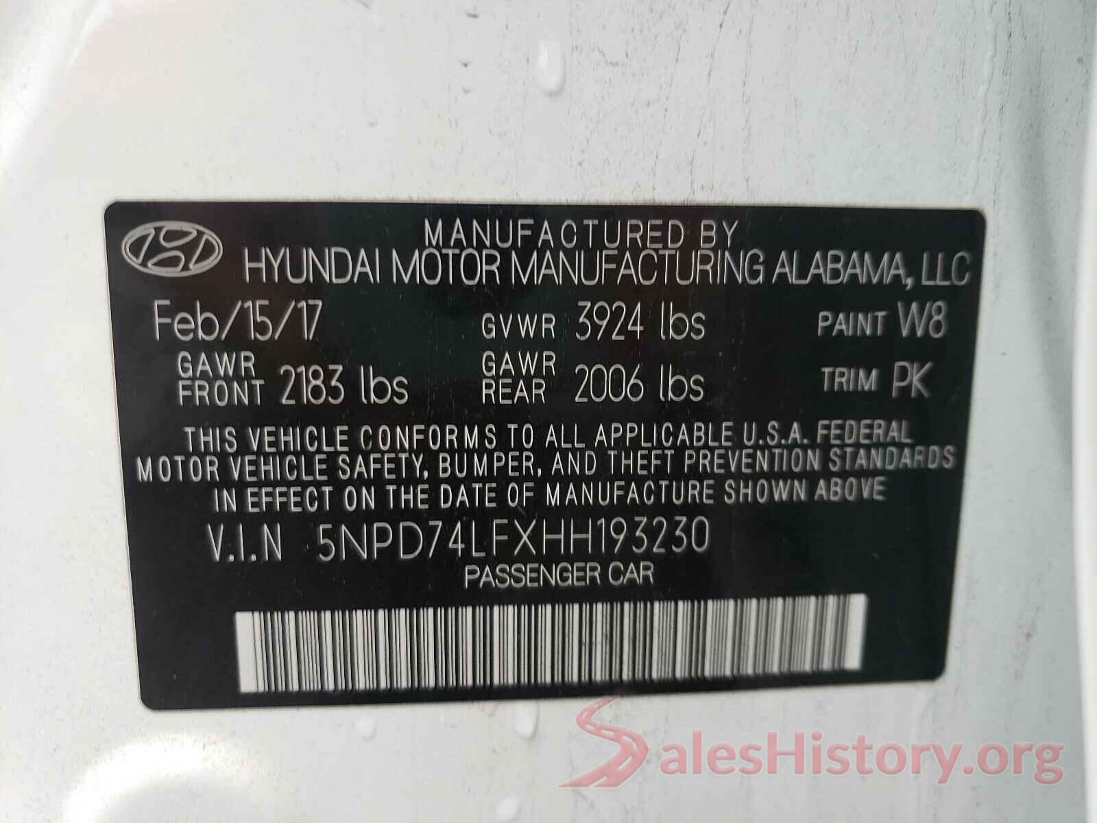 5NPD74LFXHH193230 2017 HYUNDAI ELANTRA