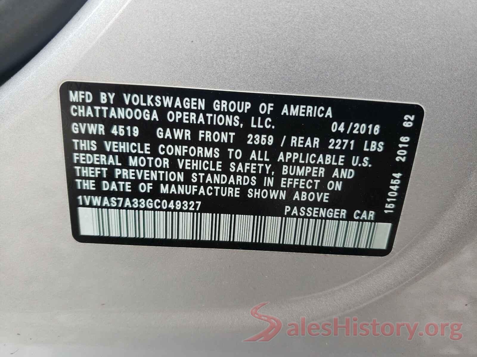 1VWAS7A33GC049327 2016 VOLKSWAGEN PASSAT