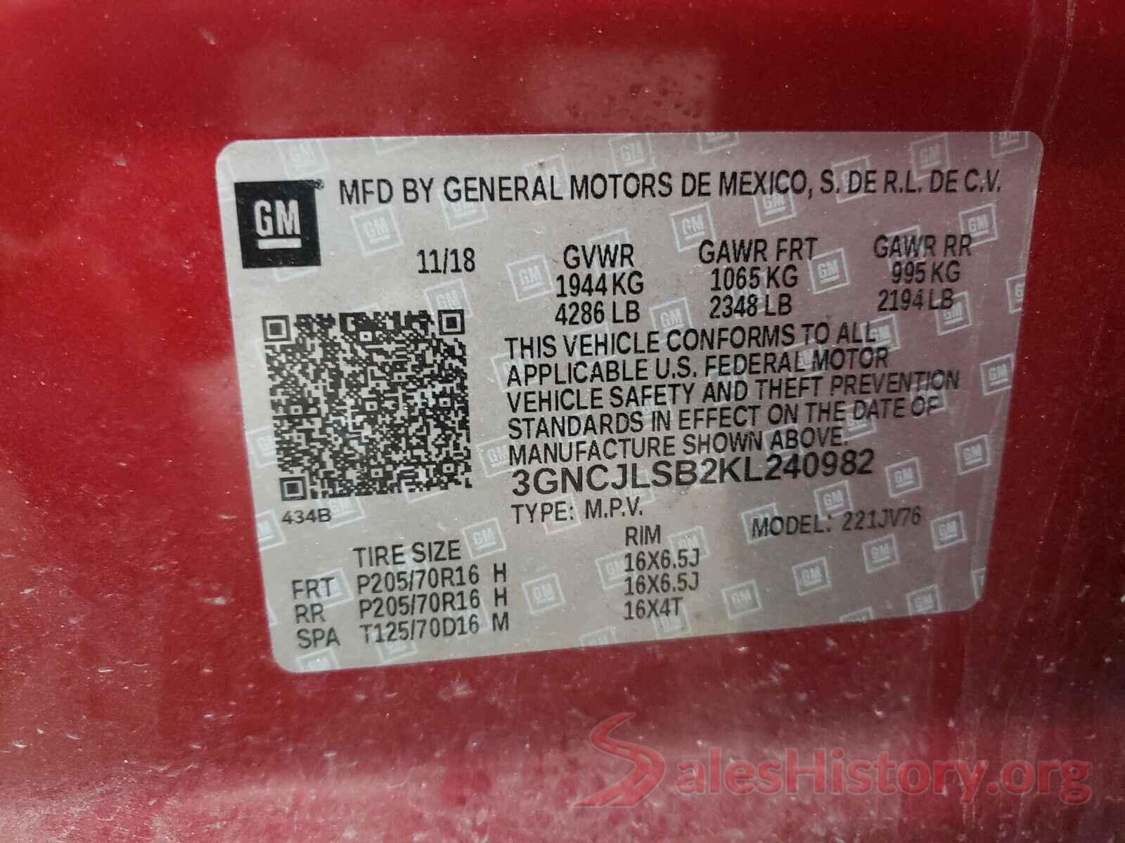 3GNCJLSB2KL240982 2019 CHEVROLET TRAX