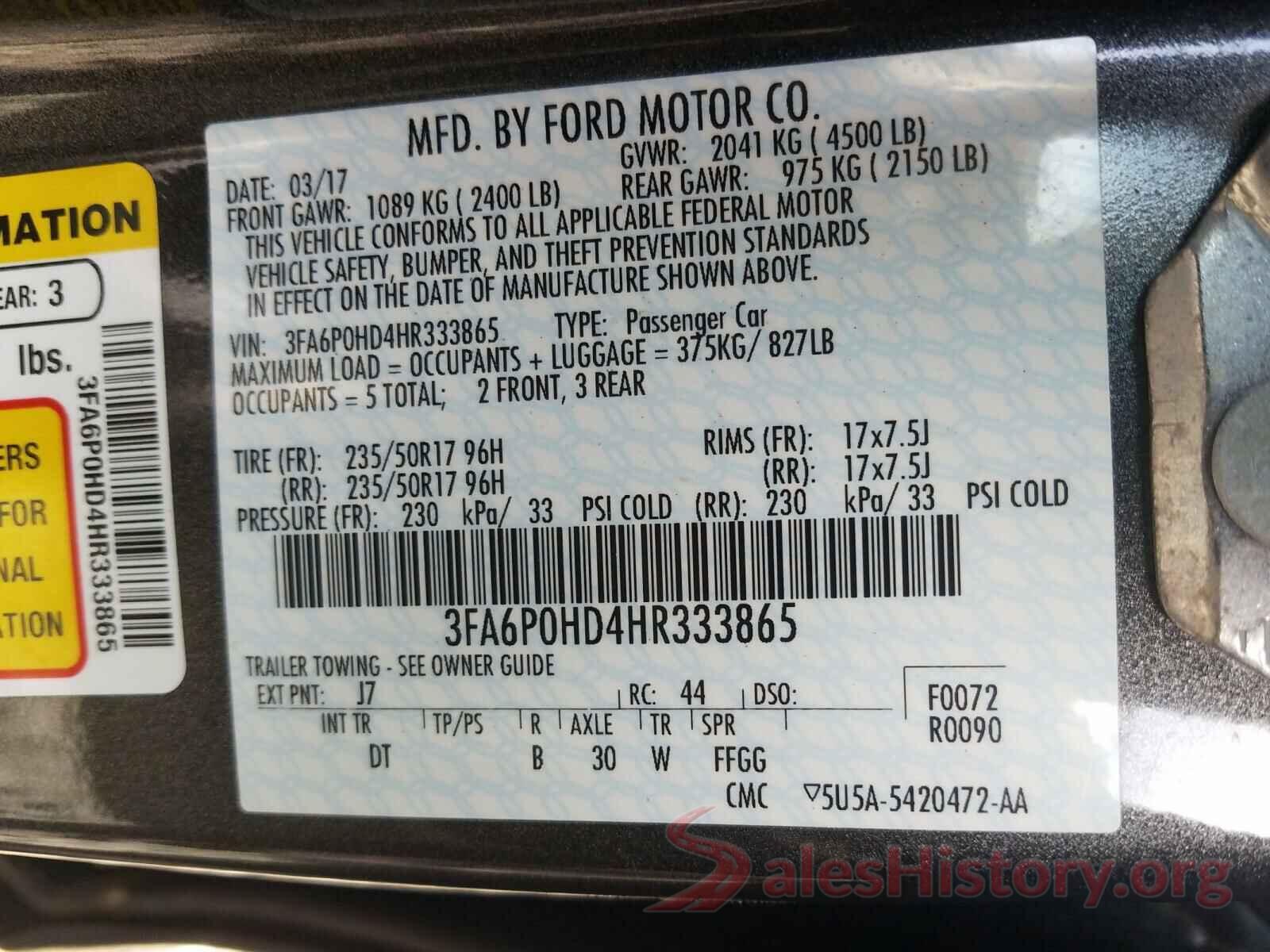 3FA6P0HD4HR333865 2017 FORD FUSION