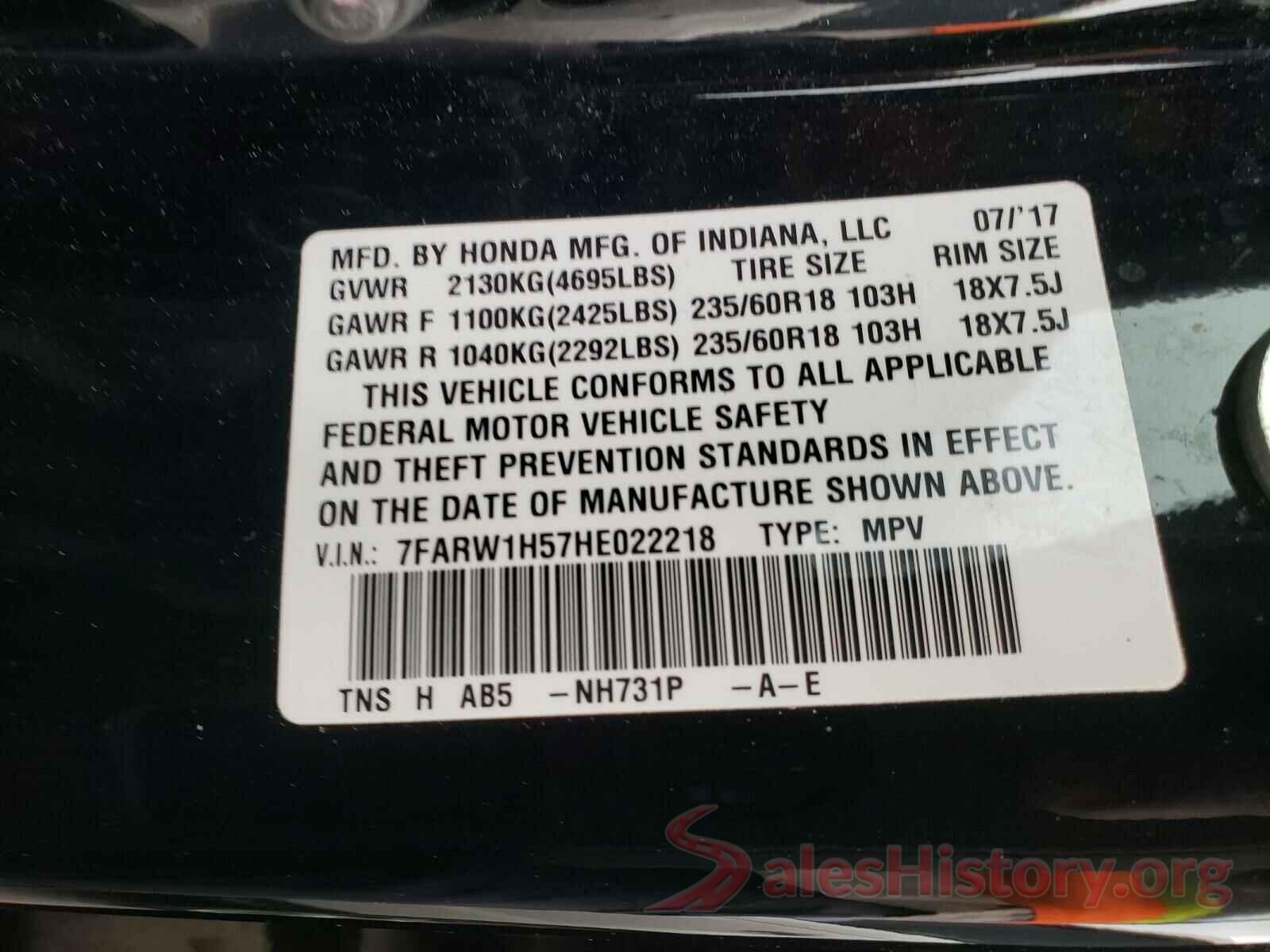 7FARW1H57HE022218 2017 HONDA CRV