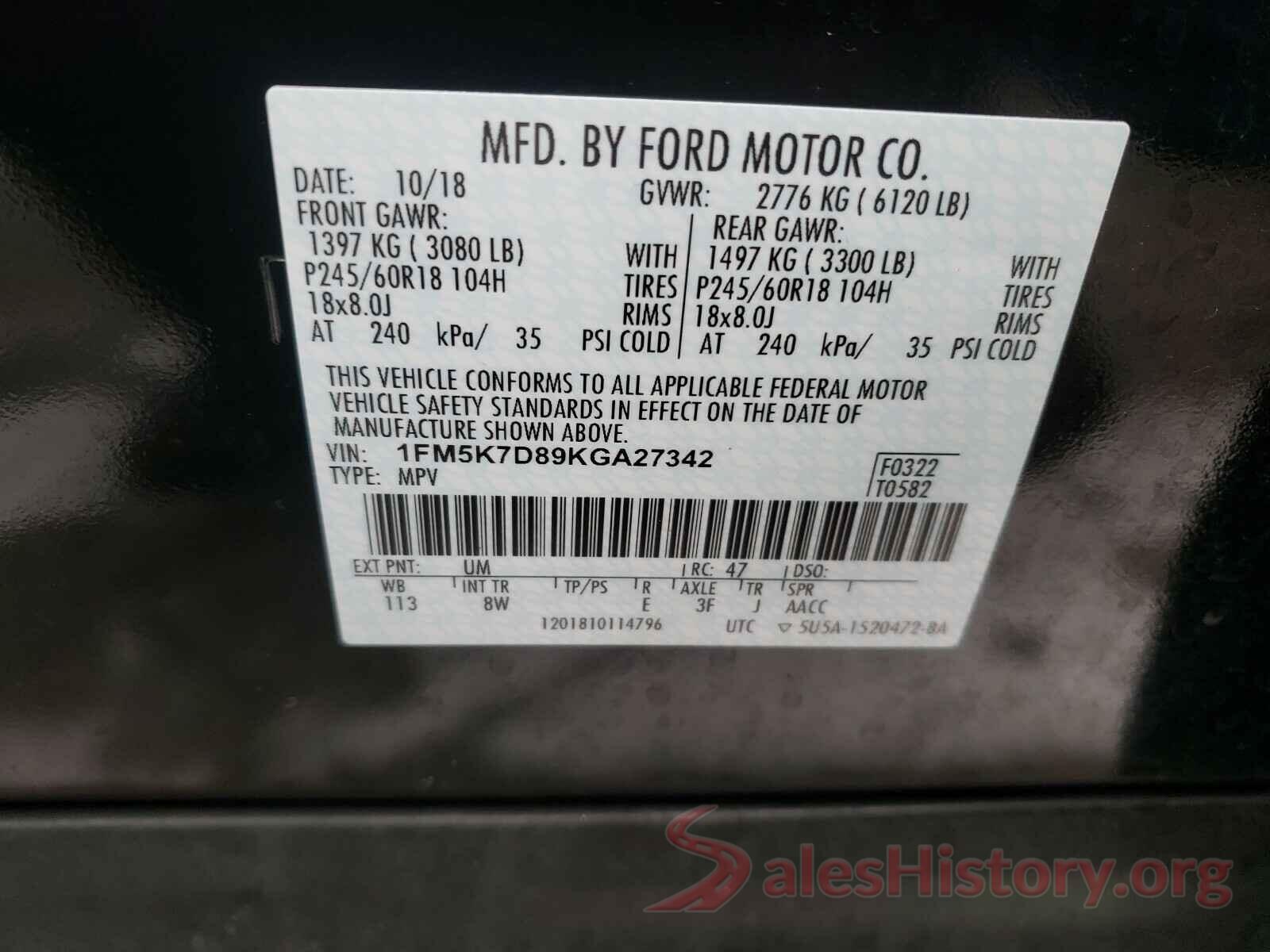 1FM5K7D89KGA27342 2019 FORD EXPLORER