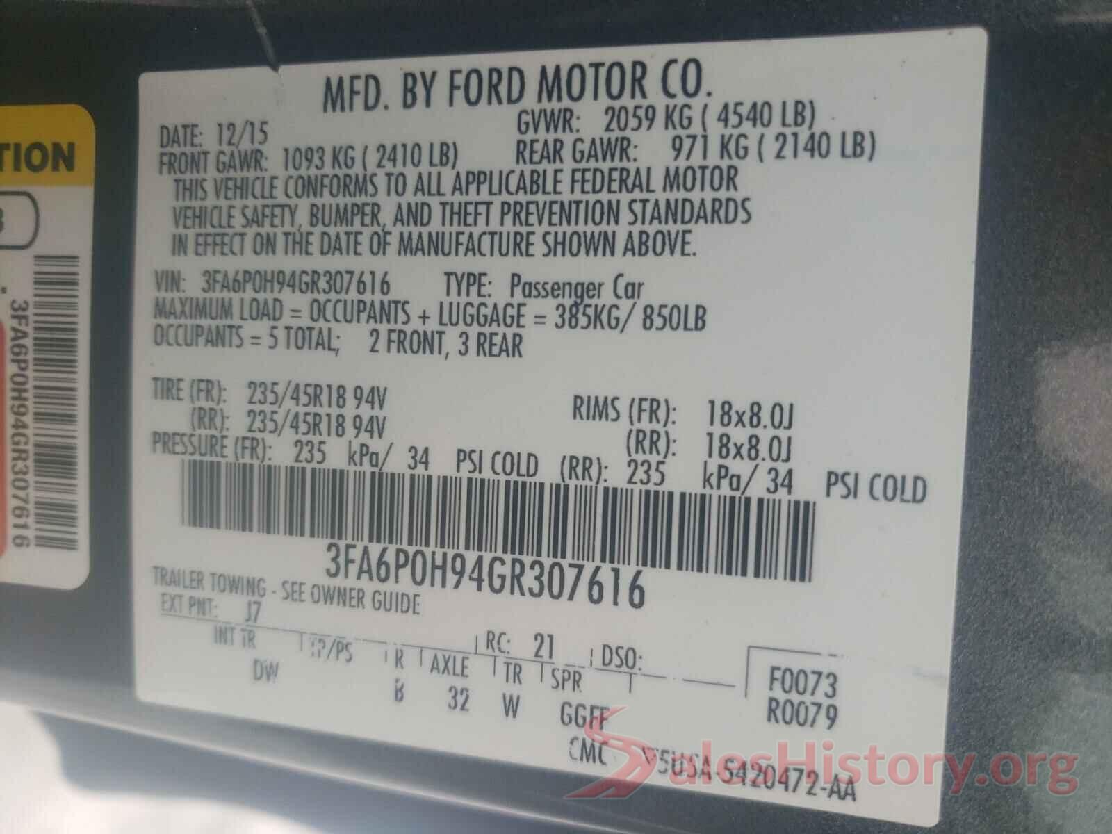 3FA6P0H94GR307616 2016 FORD FUSION