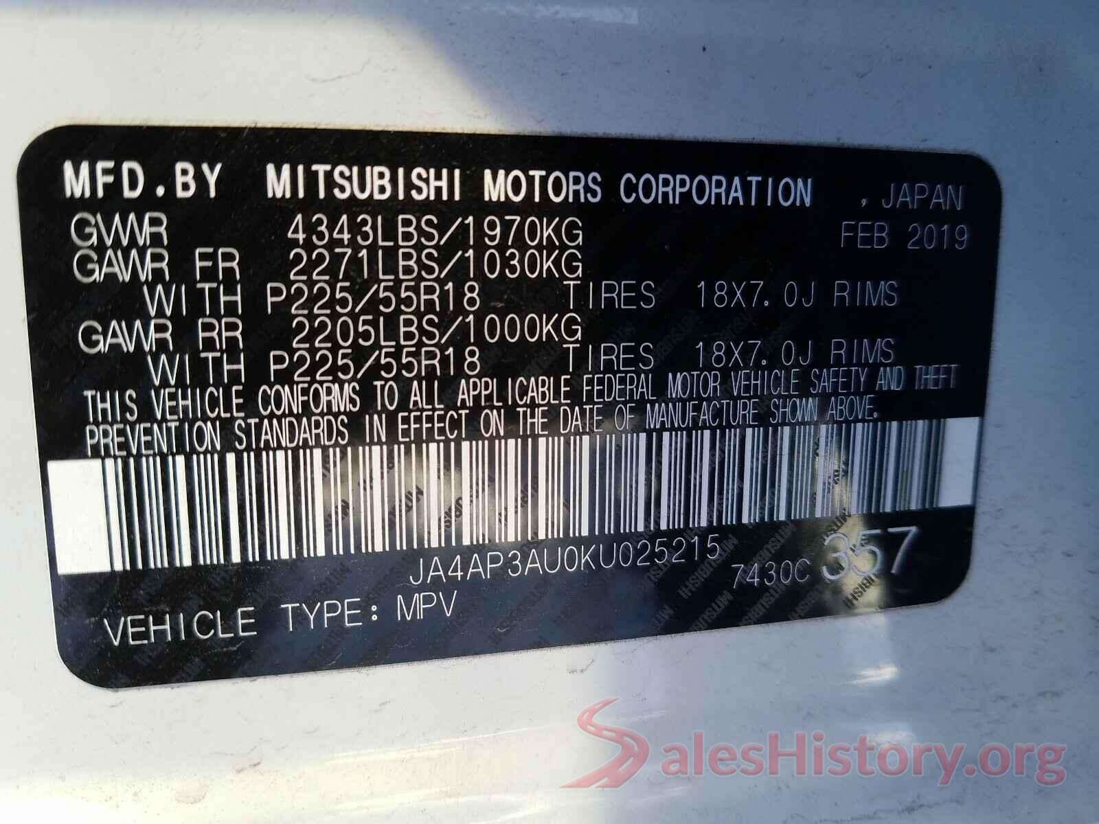 JA4AP3AU0KU025215 2019 MITSUBISHI OUTLANDER