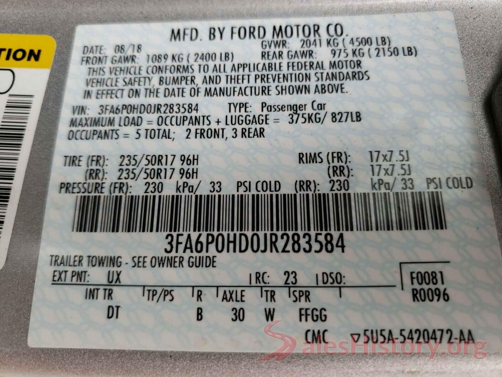 3FA6P0HD0JR283584 2018 FORD FUSION