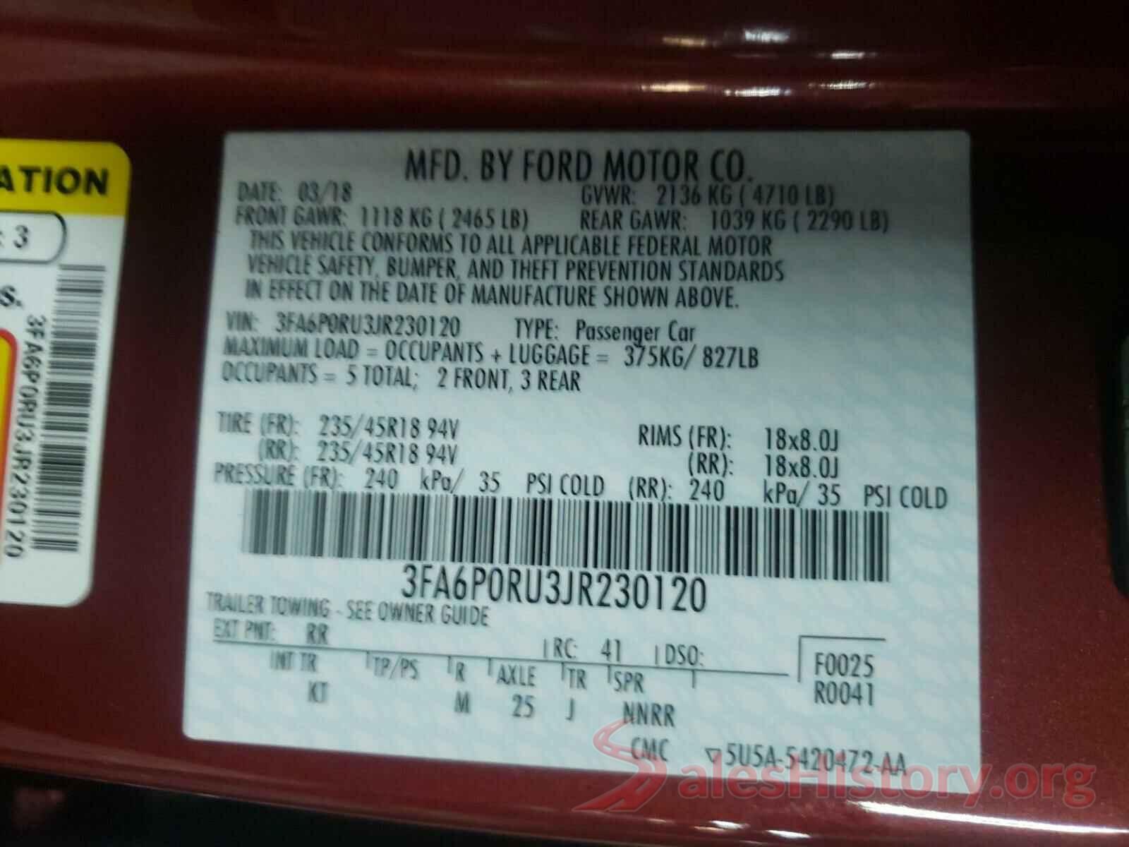 3FA6P0RU3JR230120 2018 FORD FUSION