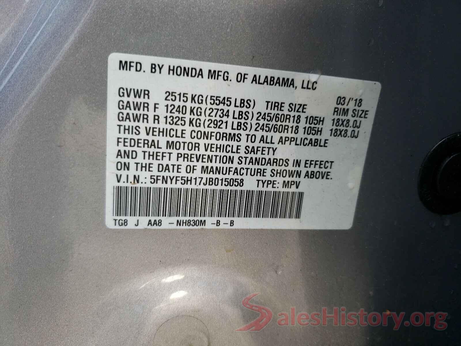 5FNYF5H17JB015058 2018 HONDA PILOT