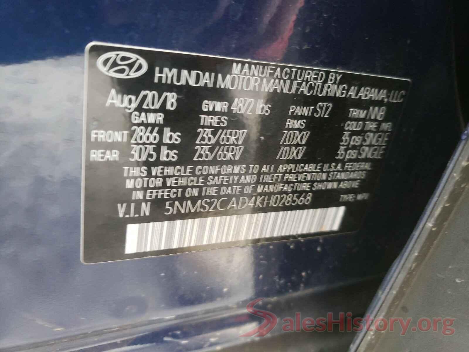 5NMS2CAD4KH028568 2019 HYUNDAI SANTA FE