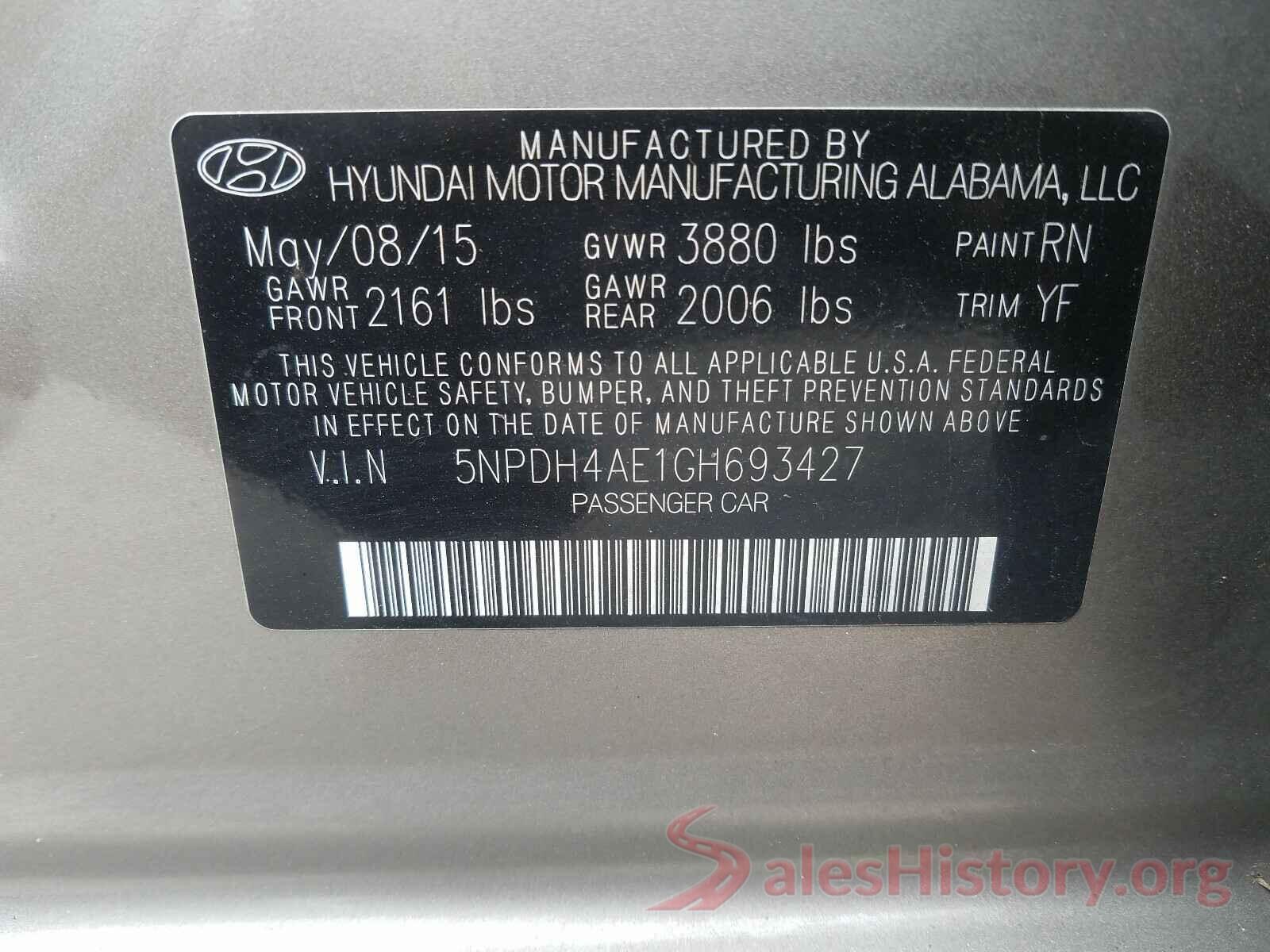 5NPDH4AE1GH693427 2016 HYUNDAI ELANTRA