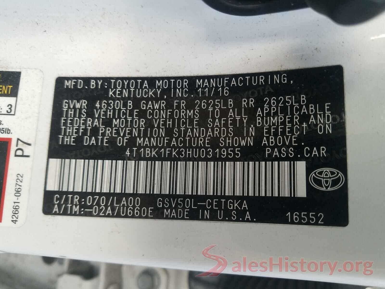 4T1BK1FK3HU031955 2017 TOYOTA CAMRY