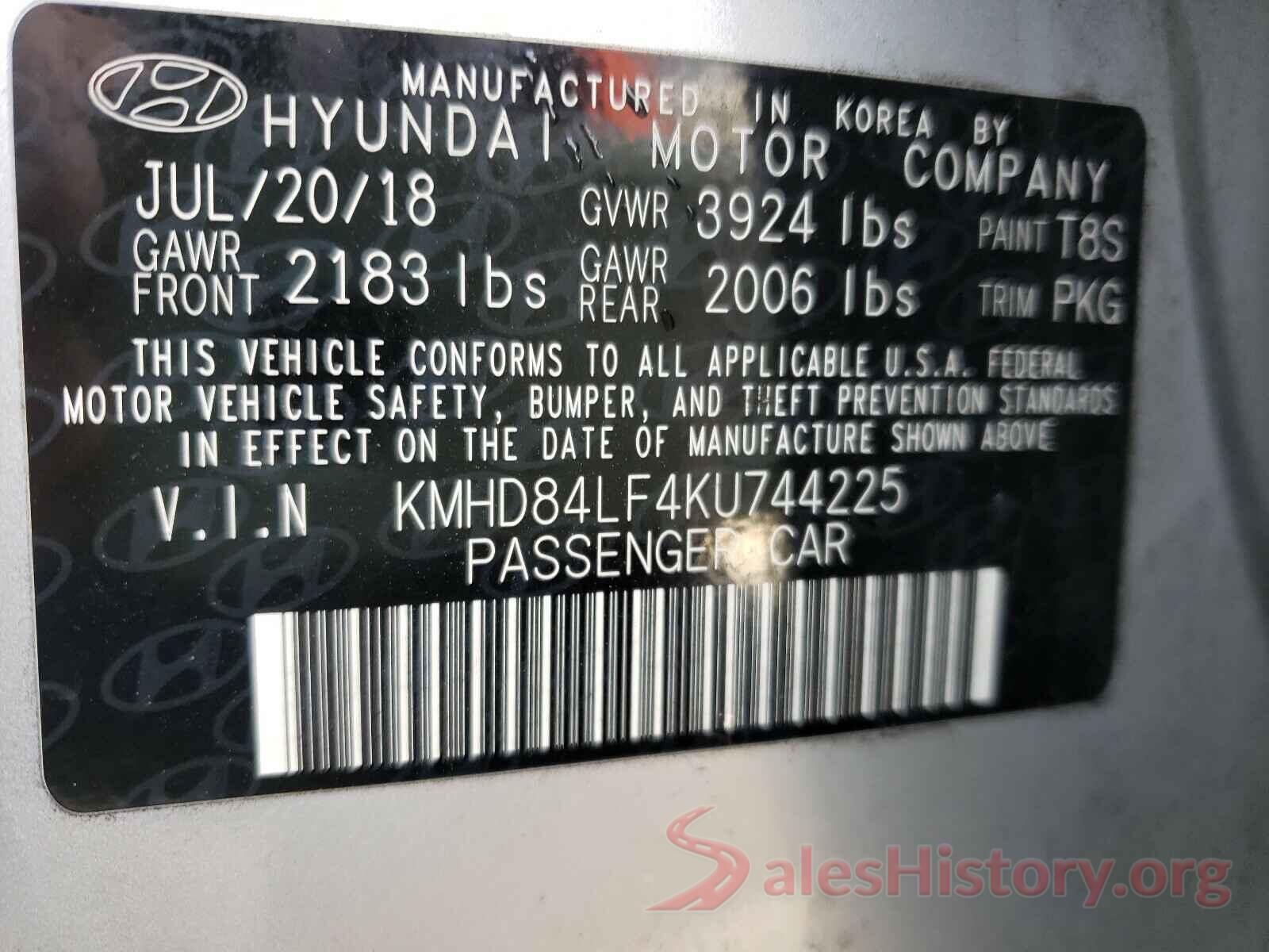 KMHD84LF4KU744225 2019 HYUNDAI ELANTRA