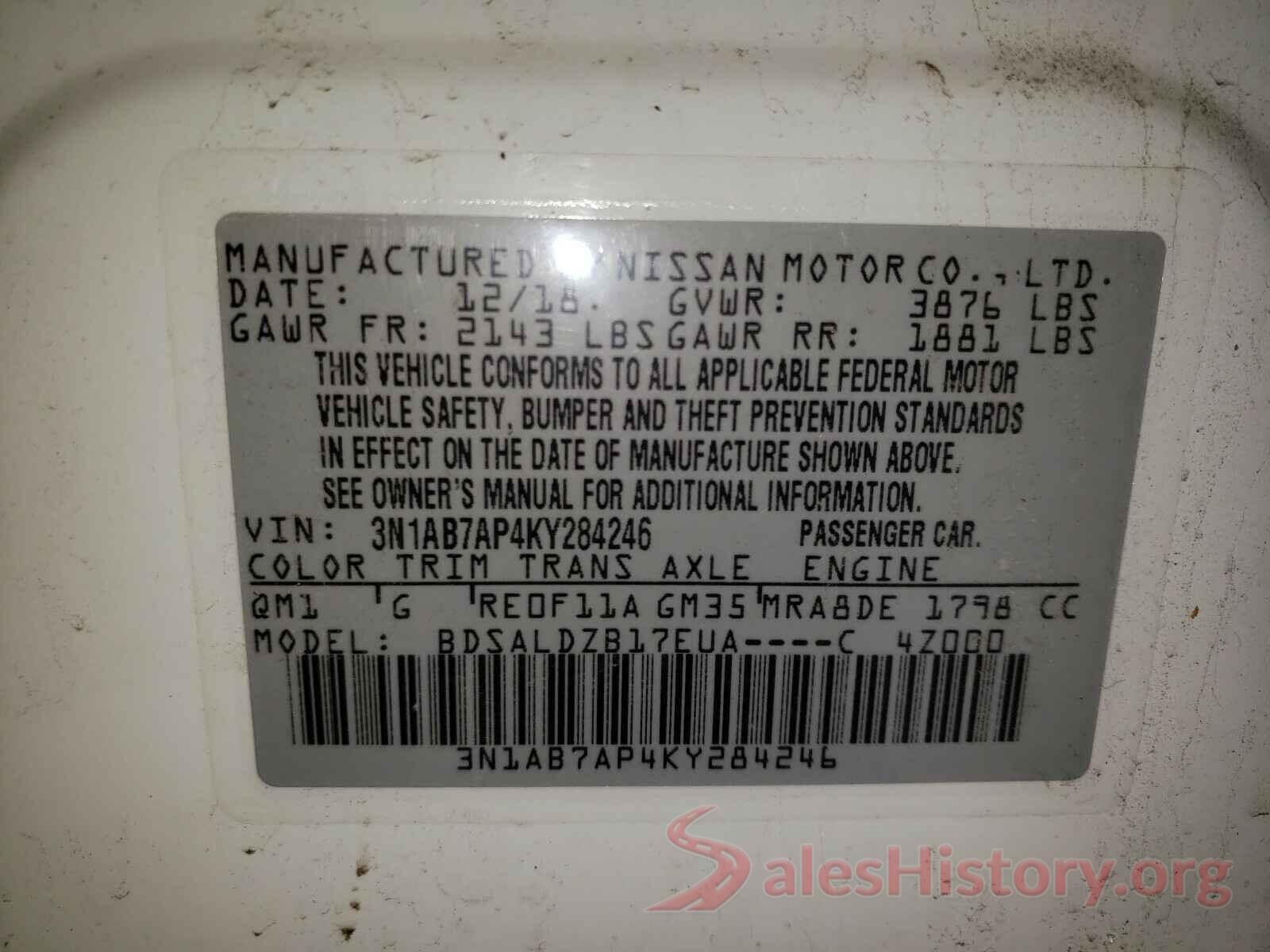 3N1AB7AP4KY284246 2019 NISSAN SENTRA