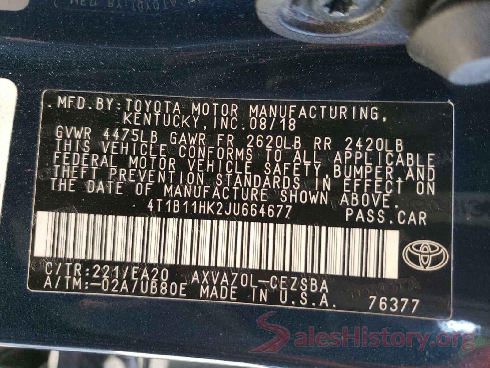 4T1B11HK2JU664677 2018 TOYOTA CAMRY