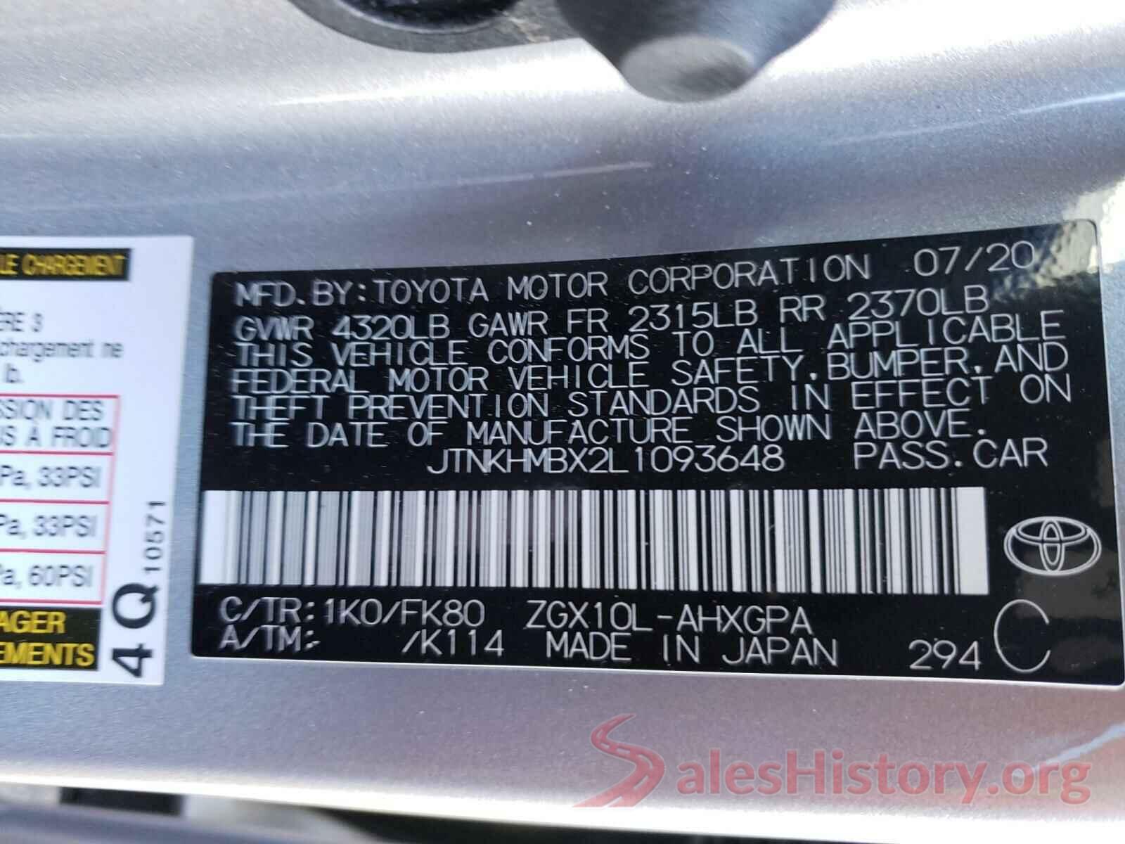 JTNKHMBX2L1093648 2020 TOYOTA C-HR