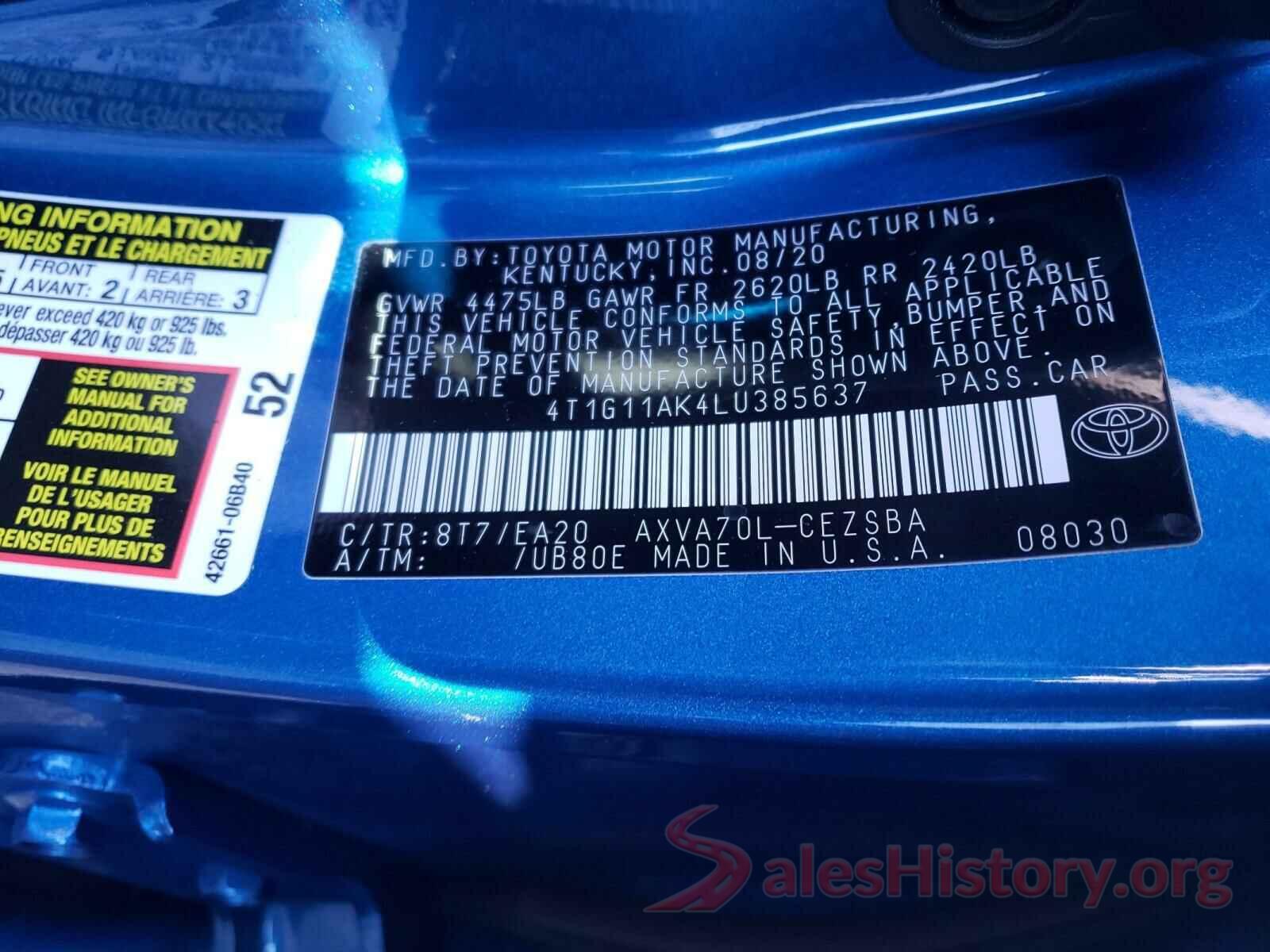 4T1G11AK4LU385637 2020 TOYOTA CAMRY