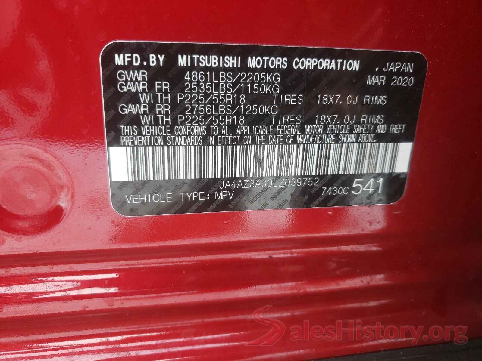 JA4AZ3A30LZ039752 2020 MITSUBISHI OUTLANDER