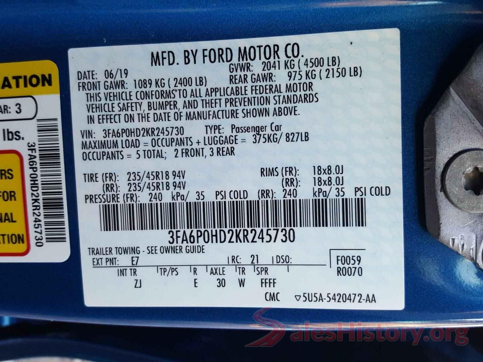 3FA6P0HD2KR245730 2019 FORD FUSION