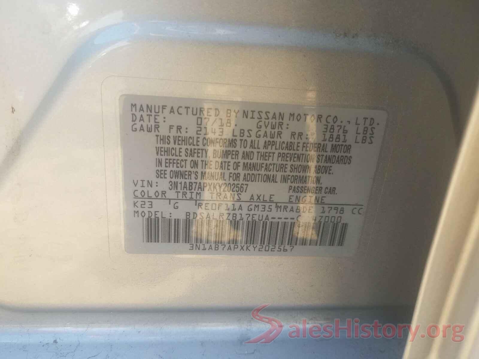 3N1AB7APXKY202567 2019 NISSAN SENTRA