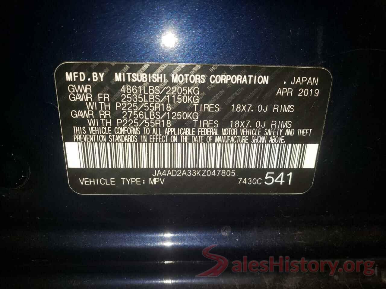 JA4AD2A33KZ047805 2019 MITSUBISHI OUTLANDER