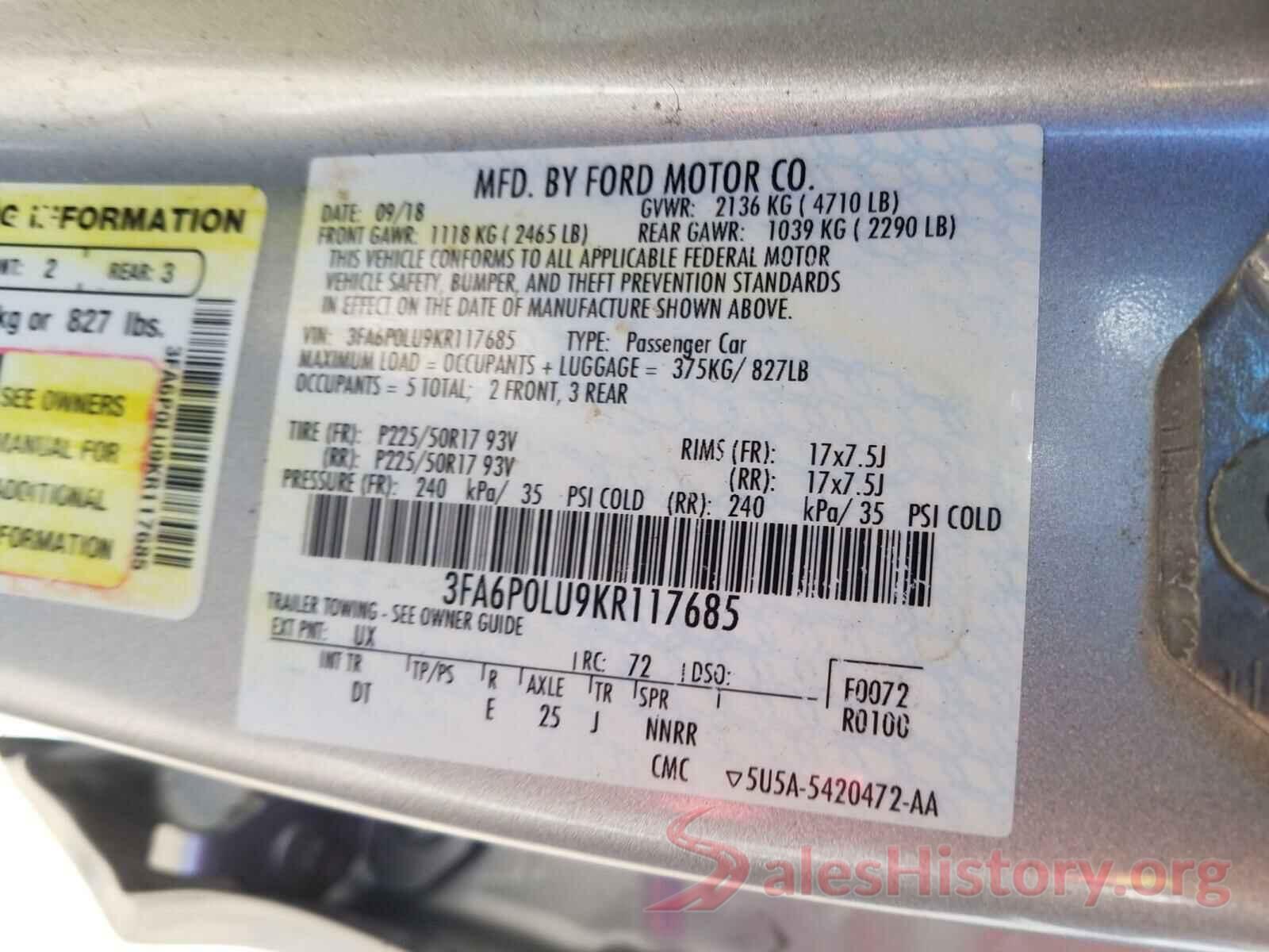 3FA6P0LU9KR117685 2019 FORD FUSION