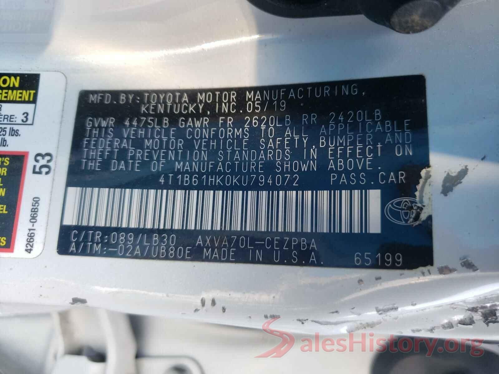 4T1B61HK0KU794072 2019 TOYOTA CAMRY