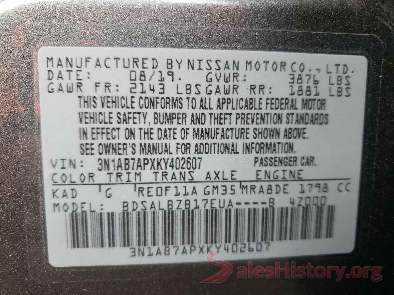 3N1AB7APXKY402607 2019 NISSAN SENTRA